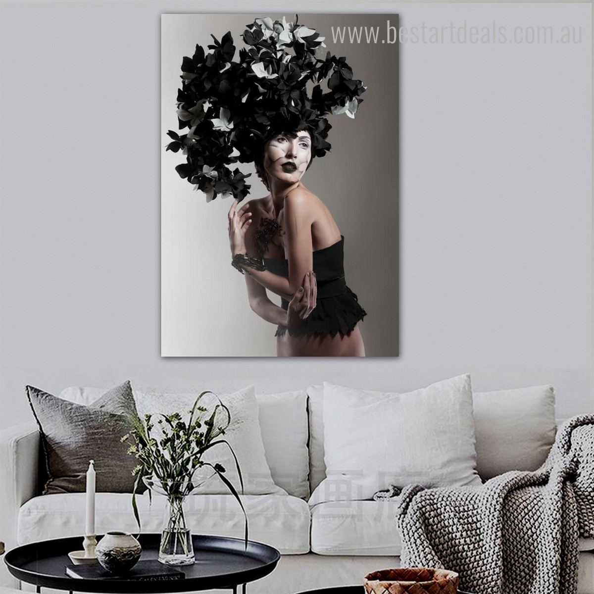 Black Floral Hat Abstract Figure Framed Effigy Image Canvas Print for Room Wall Embellishment