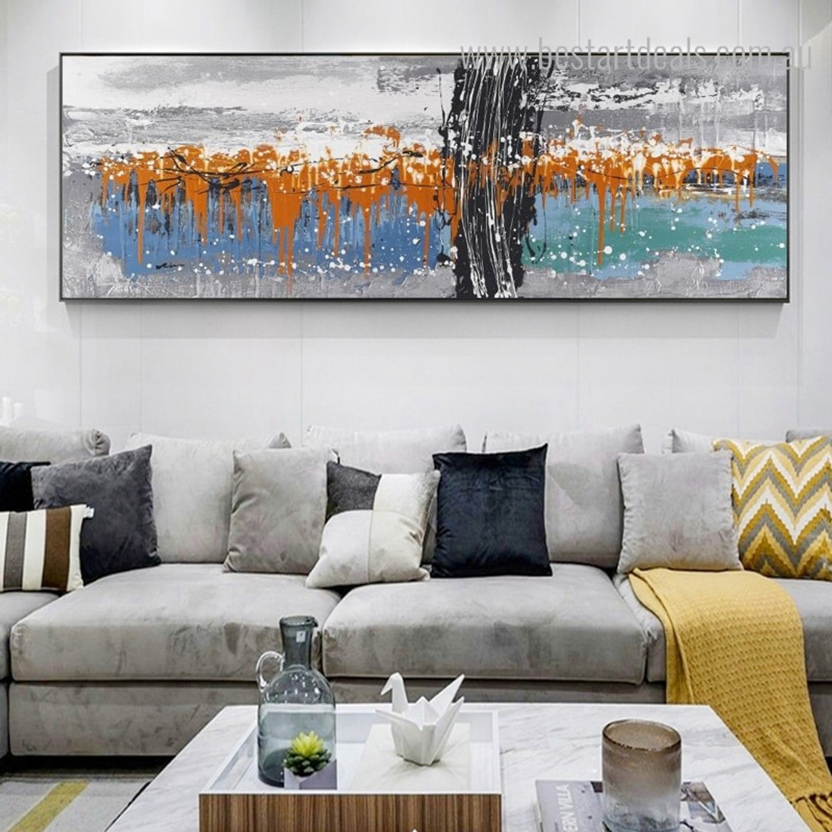 Orange Blue Abstract Panoramic Modern Framed Effigy Portrait Canvas Print for Room Wall Outfit