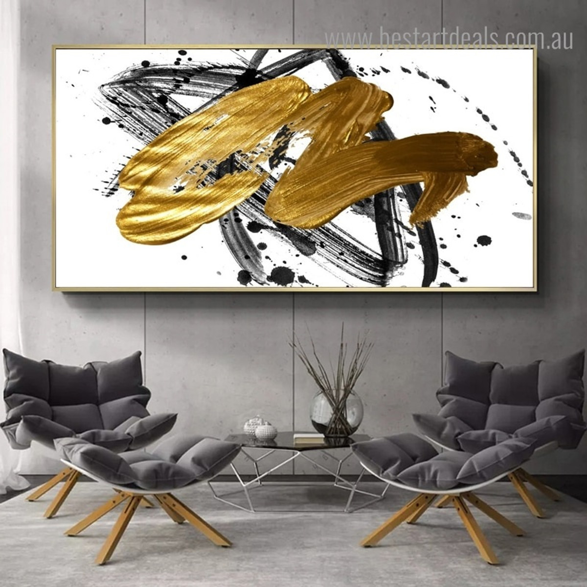 Heavy Golden Abstract Modern Framed Painting Portrait Canvas Print for Room Wall Decoration