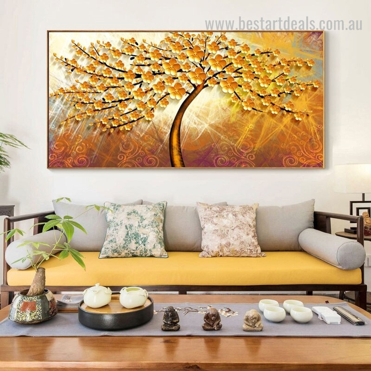 Golden Bloom Abstract Floral Modern Framed Heavy Texture Handmade Painting Picture Canvas Print for Room Wall Decoration