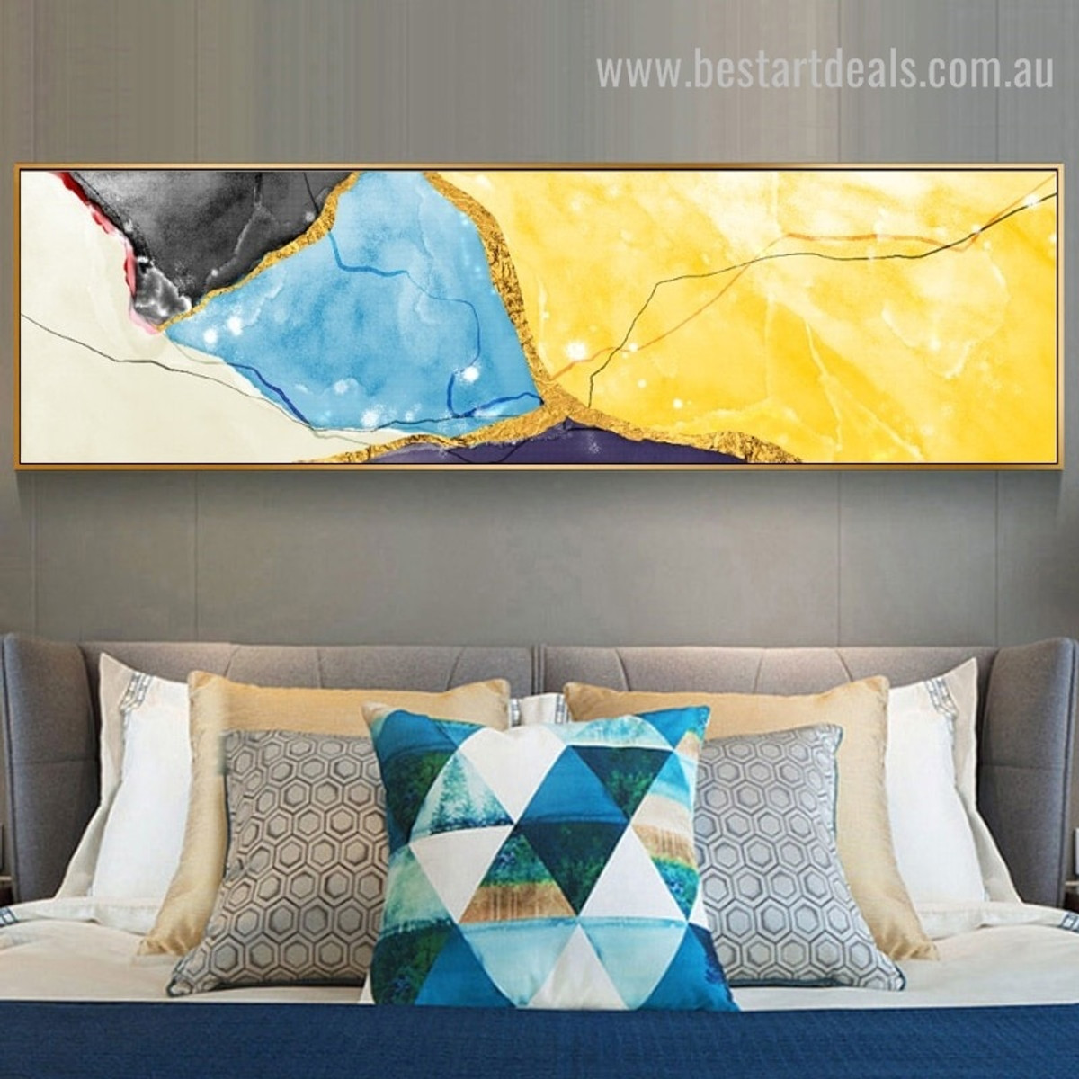 Golden Yellow Abstract Panoramic Modern Framed Painting Image Canvas Print for Room Wall Decor