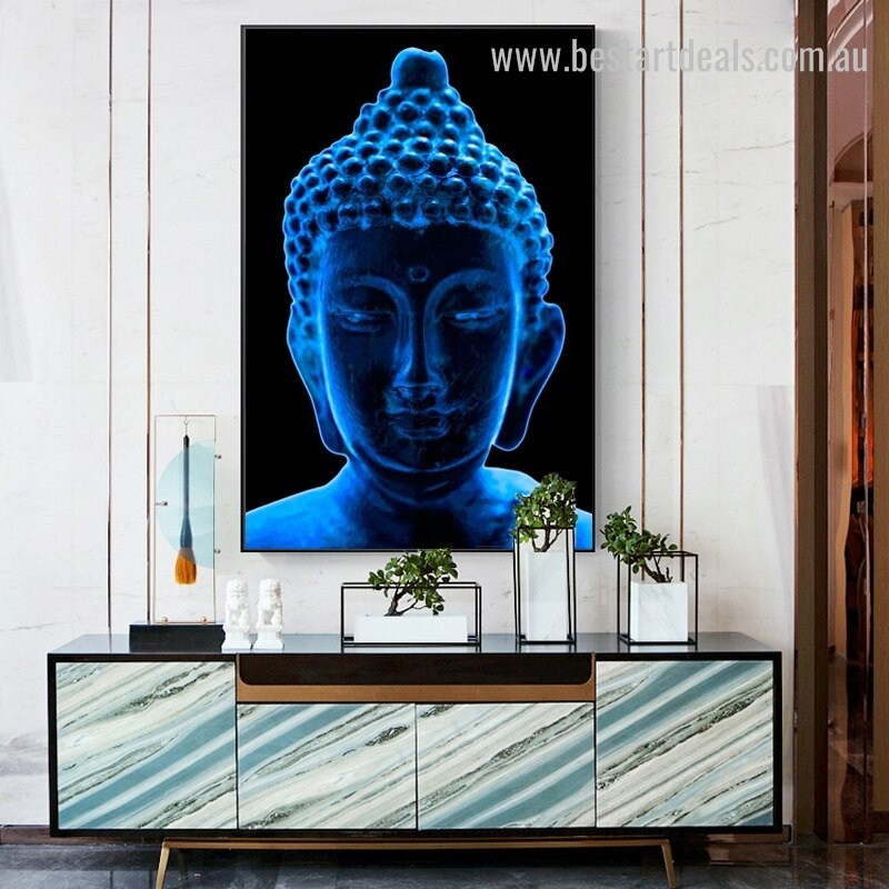 Cyan Buddha Religious Modern Framed Portraiture Image Canvas Print for Room Wall Adornment