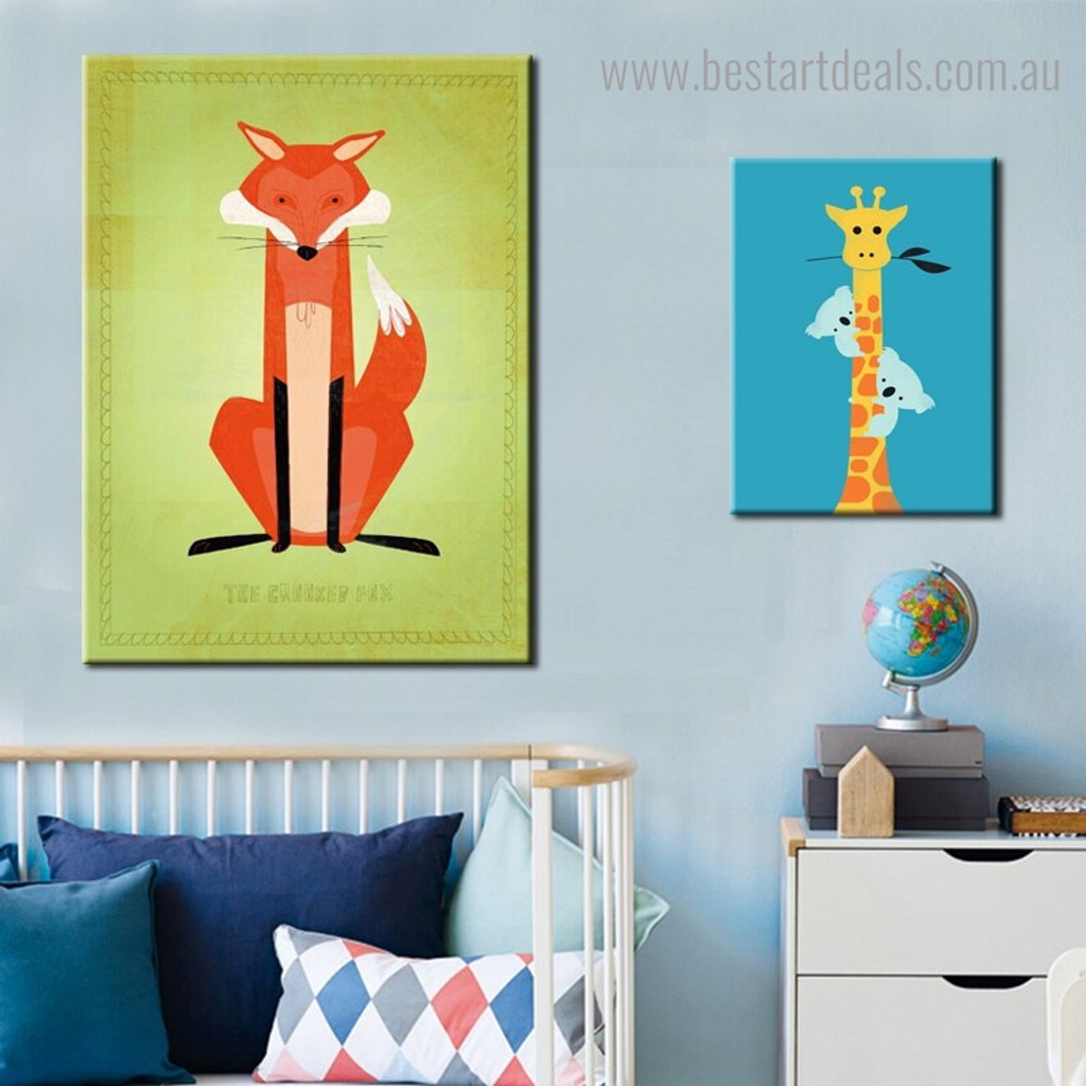 Fox Giraffe Animal Kids Modern Framed Portraiture Image Canvas Print for Room Wall Ornament