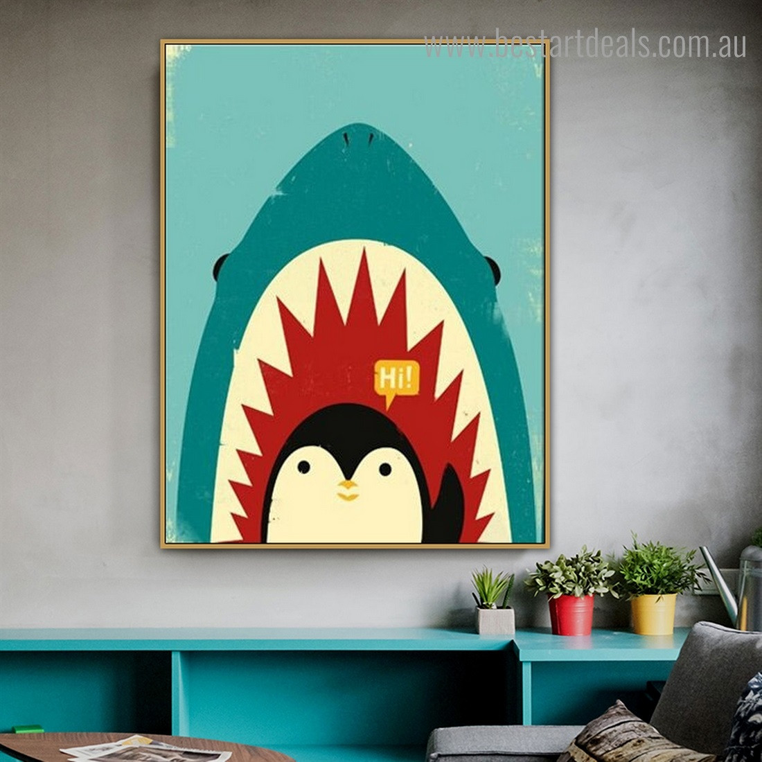Hi Penguin Cartoon Animal Bird Kids Modern Framed Artwork Photo Canvas Print for Wall Hanging Decor