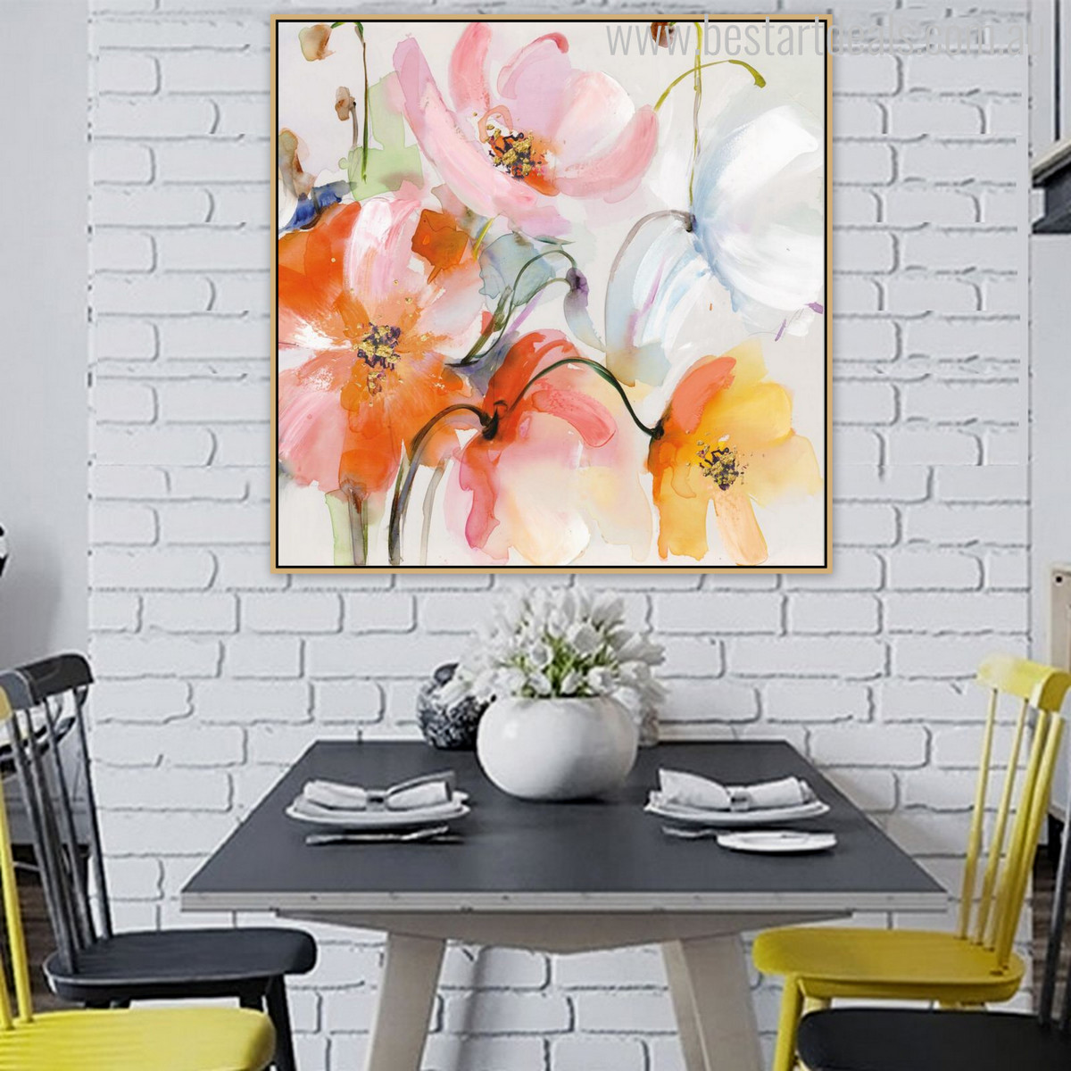 Abstract Watercolor Poppy Flowers Painting Print for Dining Room Wall Art