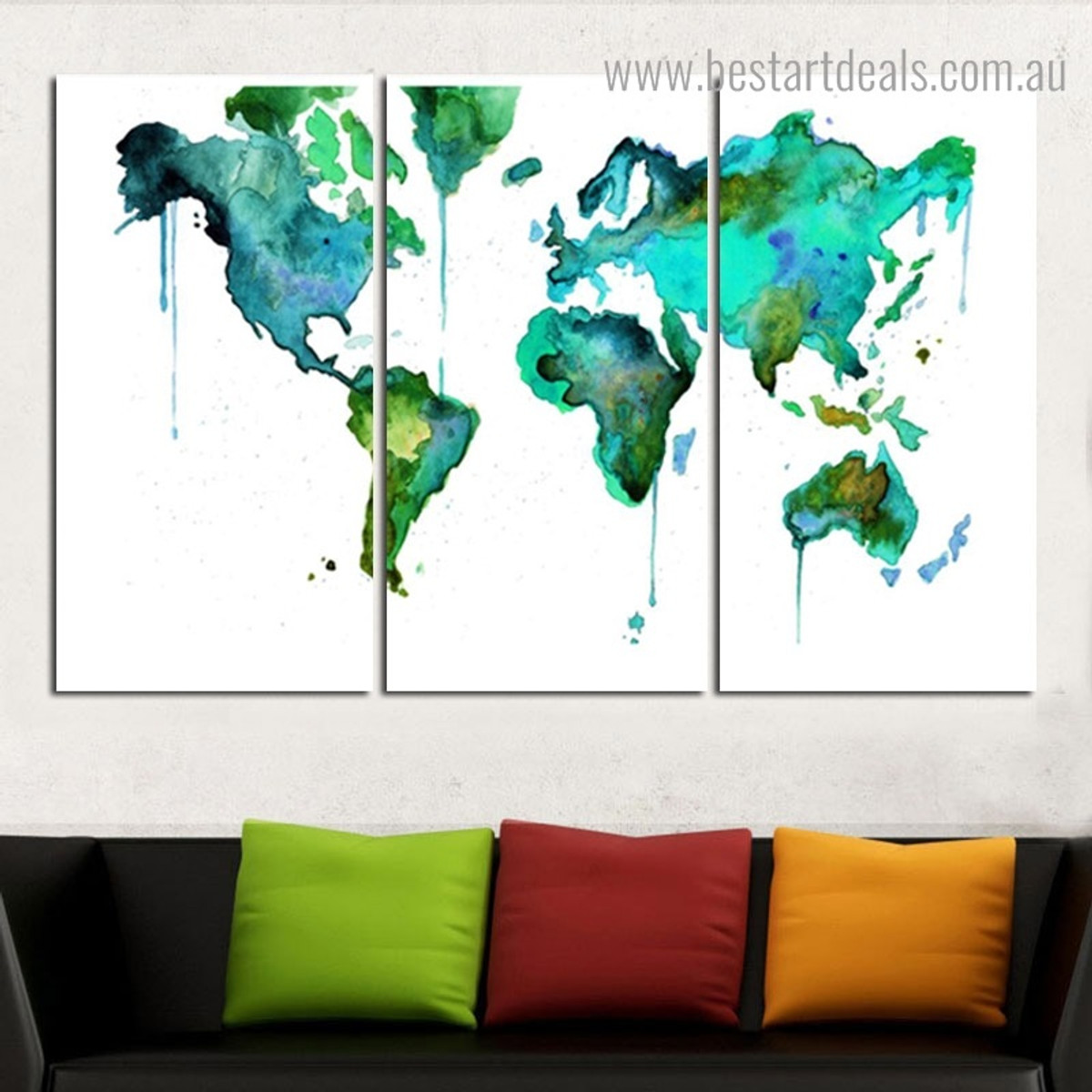 Green Cyan World Map Abstract Watercolor Modern Painting Photo Canvas Print for Room Wall Getup