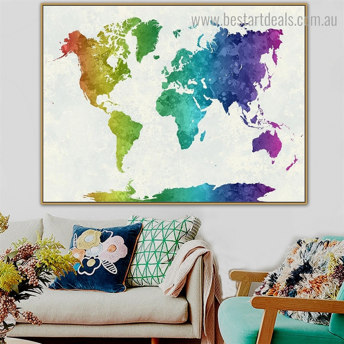 Varicolored Global Map Abstract Watercolor Contemporary Framed Painting Pic Canvas Print for Wall Equipment
