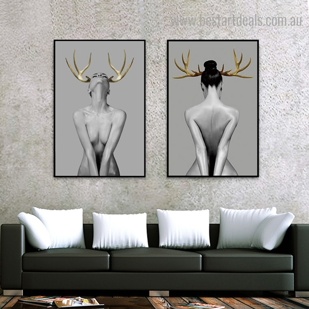 Horn Girl Nude Framed Painting Image Canvas Print for Room Wall Outfit