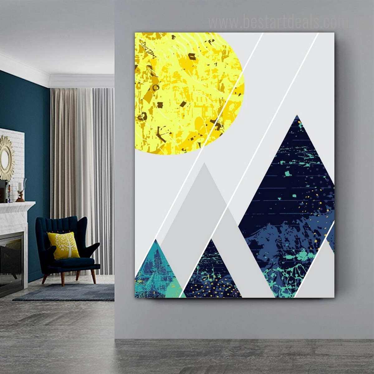 Phoebus and Mountain Abstract Geometric Vintage Nordic Framed Artwork Portrait Canvas Print for Wall Flourish