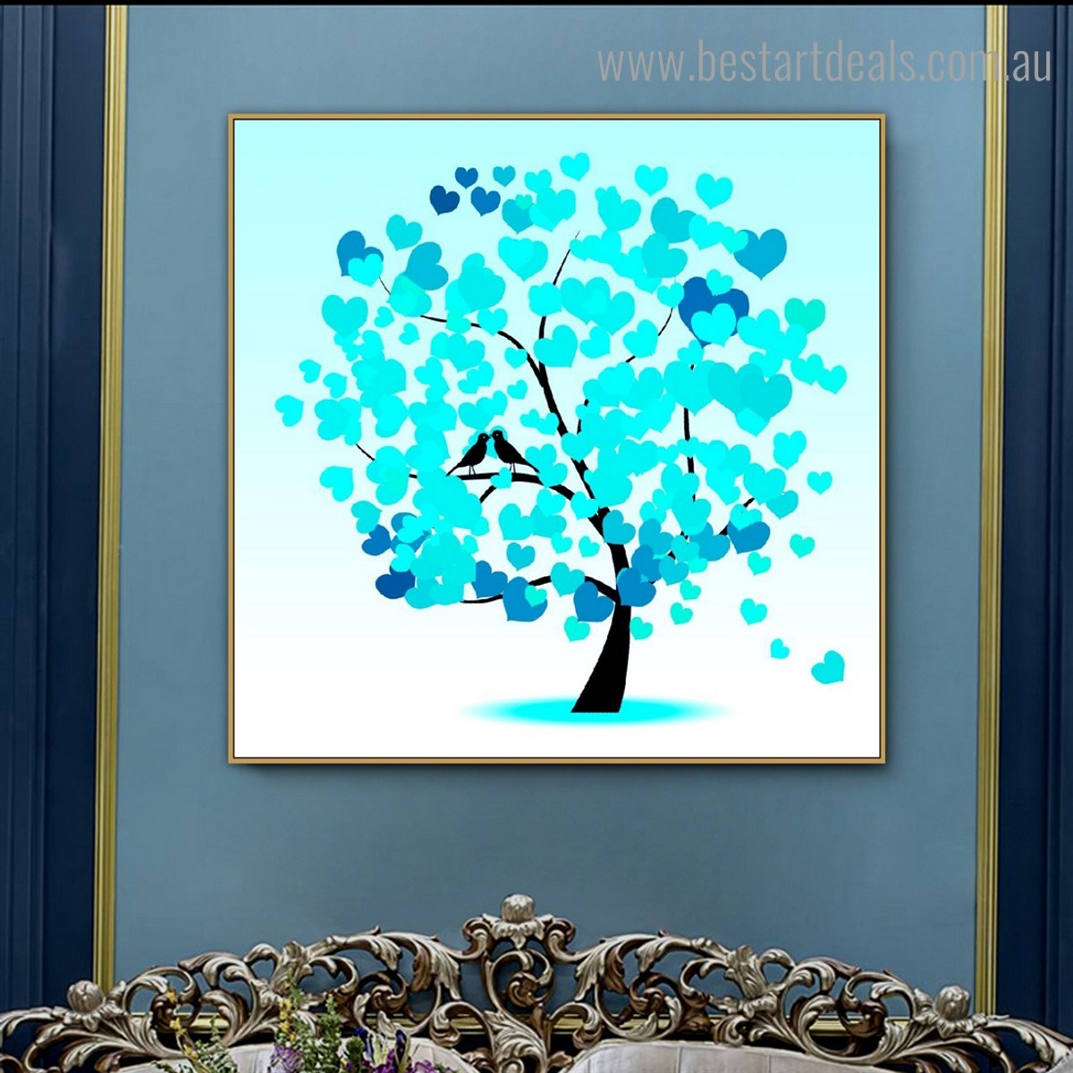 Blue Heart Leaves Abstract Framed Painting Image Canvas Print for Room Wall Garnish