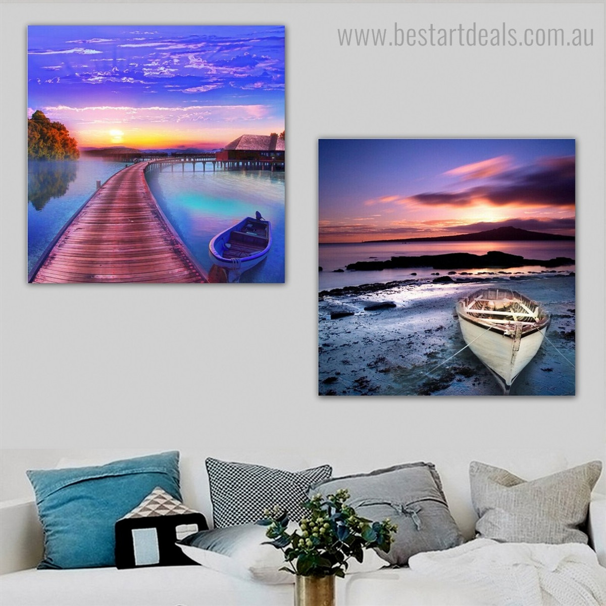 Wooden Row Boats Seascape Nature Modern Framed Portraiture Photo Canvas Print for Room Wall Ornament