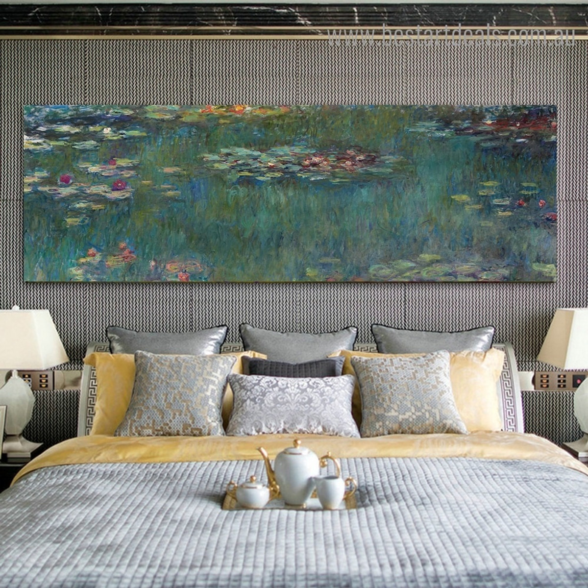 Water Lilies III Monet Panoramic Impressionist Framed Artwork Portrait Canvas Print for Room Wall Decoration