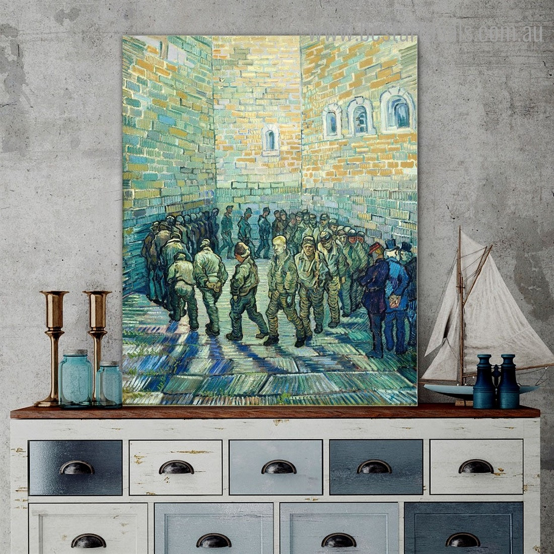 Prisoners Round Van Gogh Reproduction Framed Painting Picture Canvas Print for Room Wall Garnish