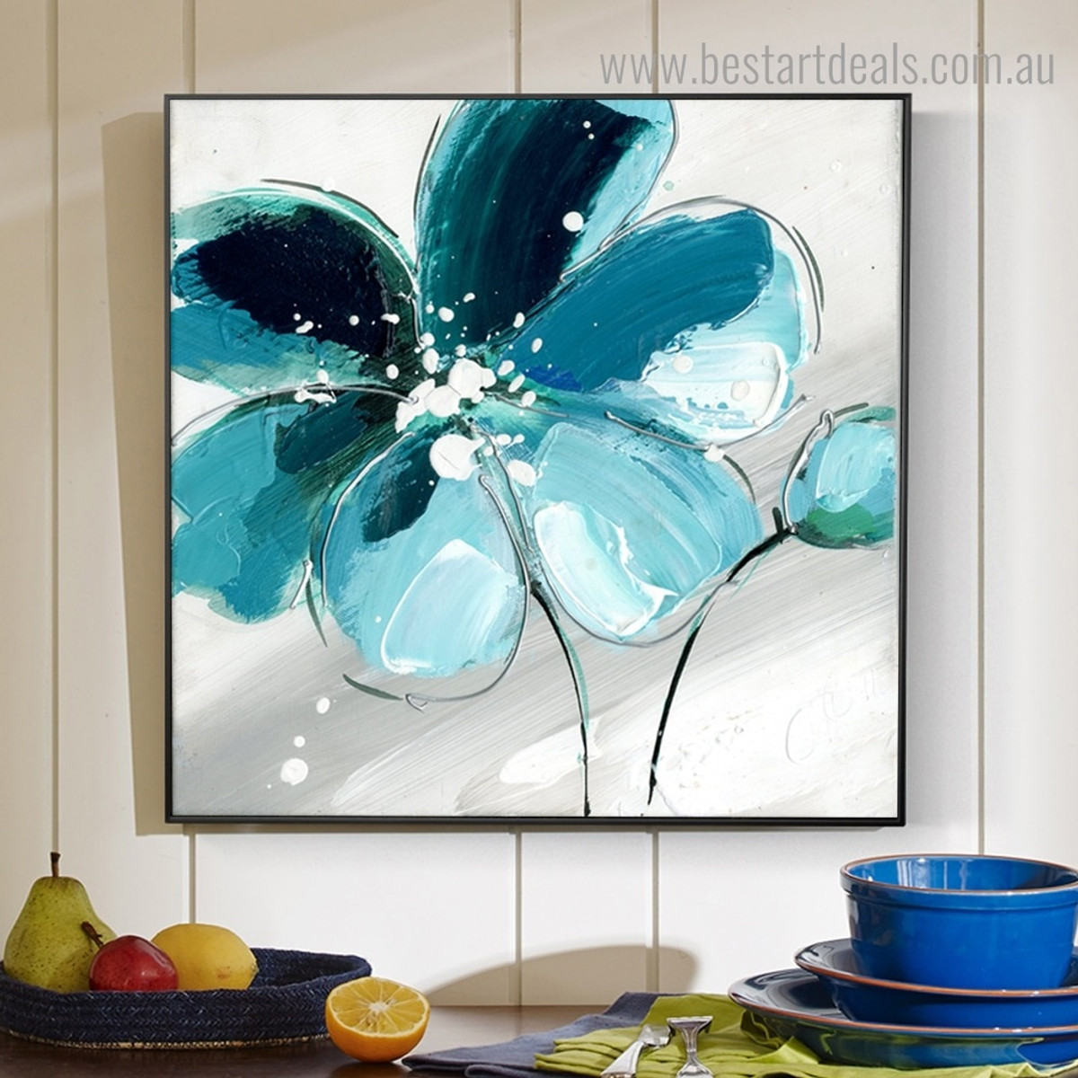 Cyan Shade Flower Abstract Floral Modern Framed Artwork Pic Canvas Print for Room Wall Outfit