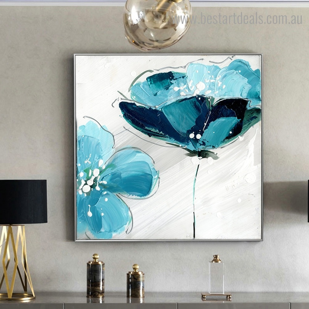 Cyan Poppy Abstract Botanical Modern Framed Artwork Picture Canvas Print for Room Wall Ornament