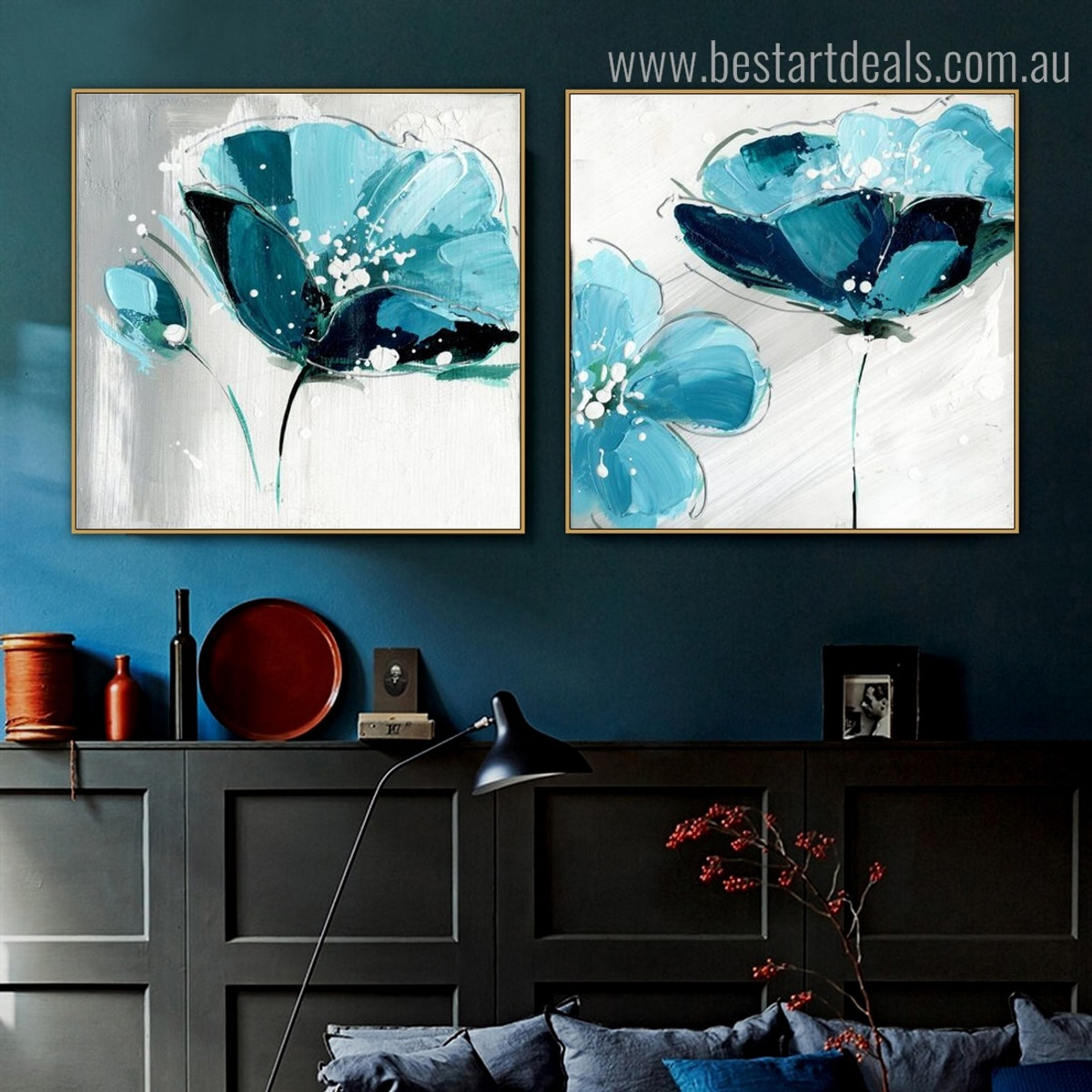 Turquoise Blooms Abstract Botanical Contemporary Framed Painting Image Canvas Print for Room Wall Garnish