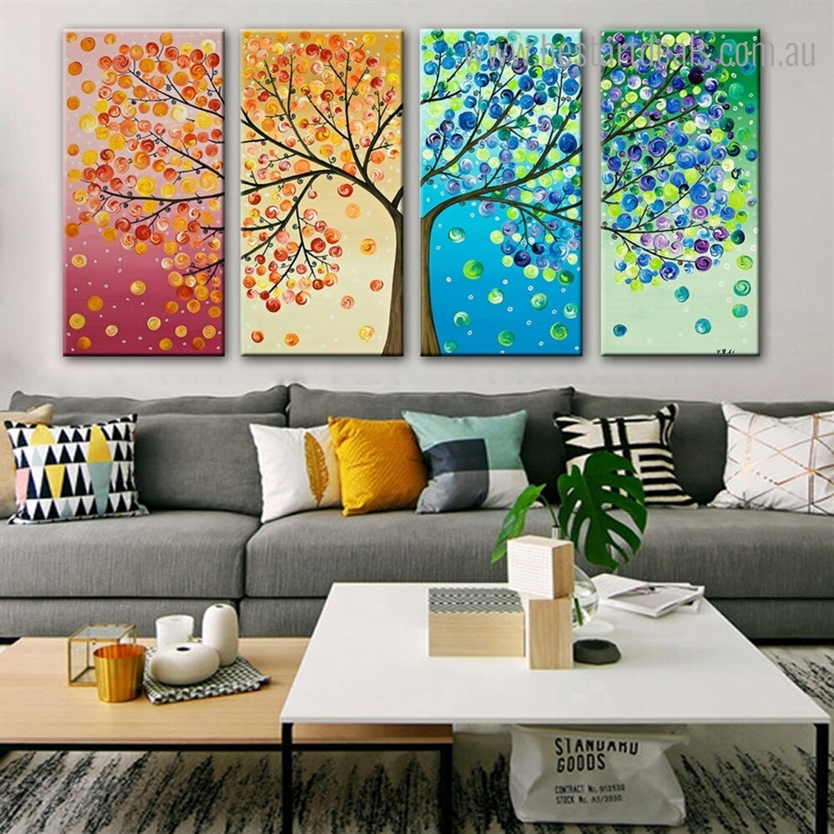 Circular Leaves Abstract Landscape Framed Painting Picture Canvas Print for Room Wall Molding