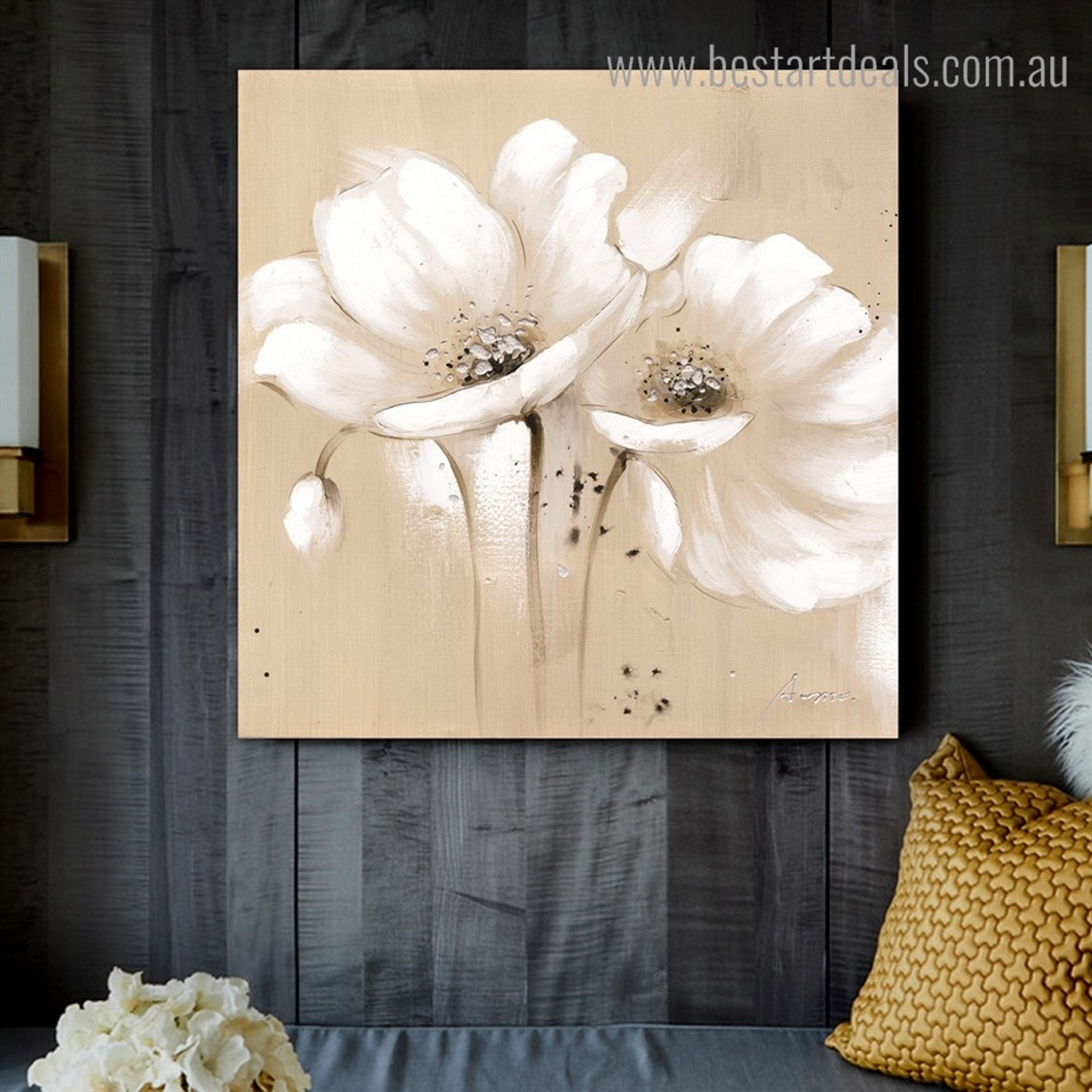White Poppies Abstract Floral Modern Framed Painting Pic Canvas Print for Room Wall Ornament