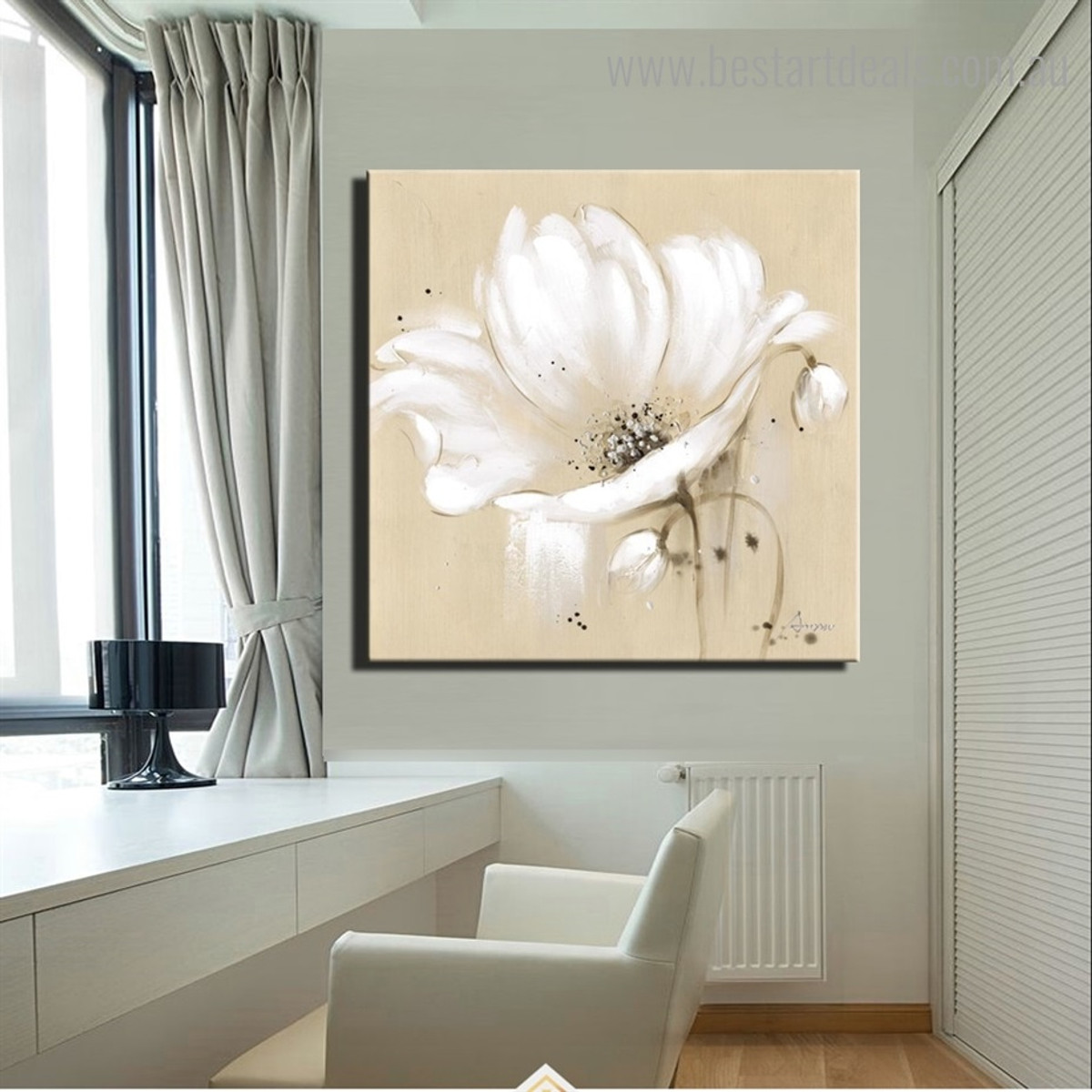 White Poppy Blossoms Abstract Botanical Modern Framed Artwork Image Canvas Print for Room Wall Onlay