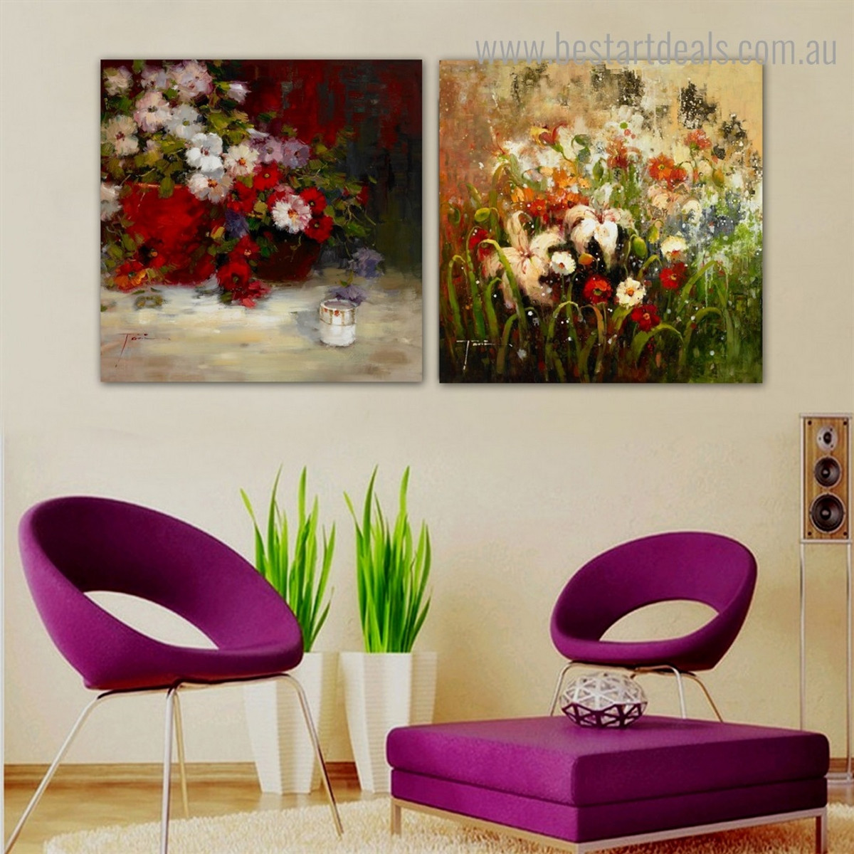 Particoloured Plants Impressionist Botanical Framed Artwork Photo Canvas Print for Room Wall Garnish