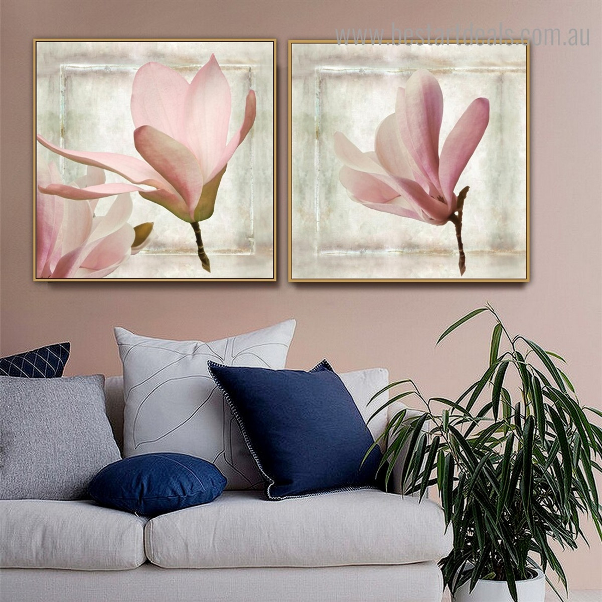 Pink Magnolia Blossoms Botanical Modern Framed Painting Portrait Canvas Print for Room Wall Disposition