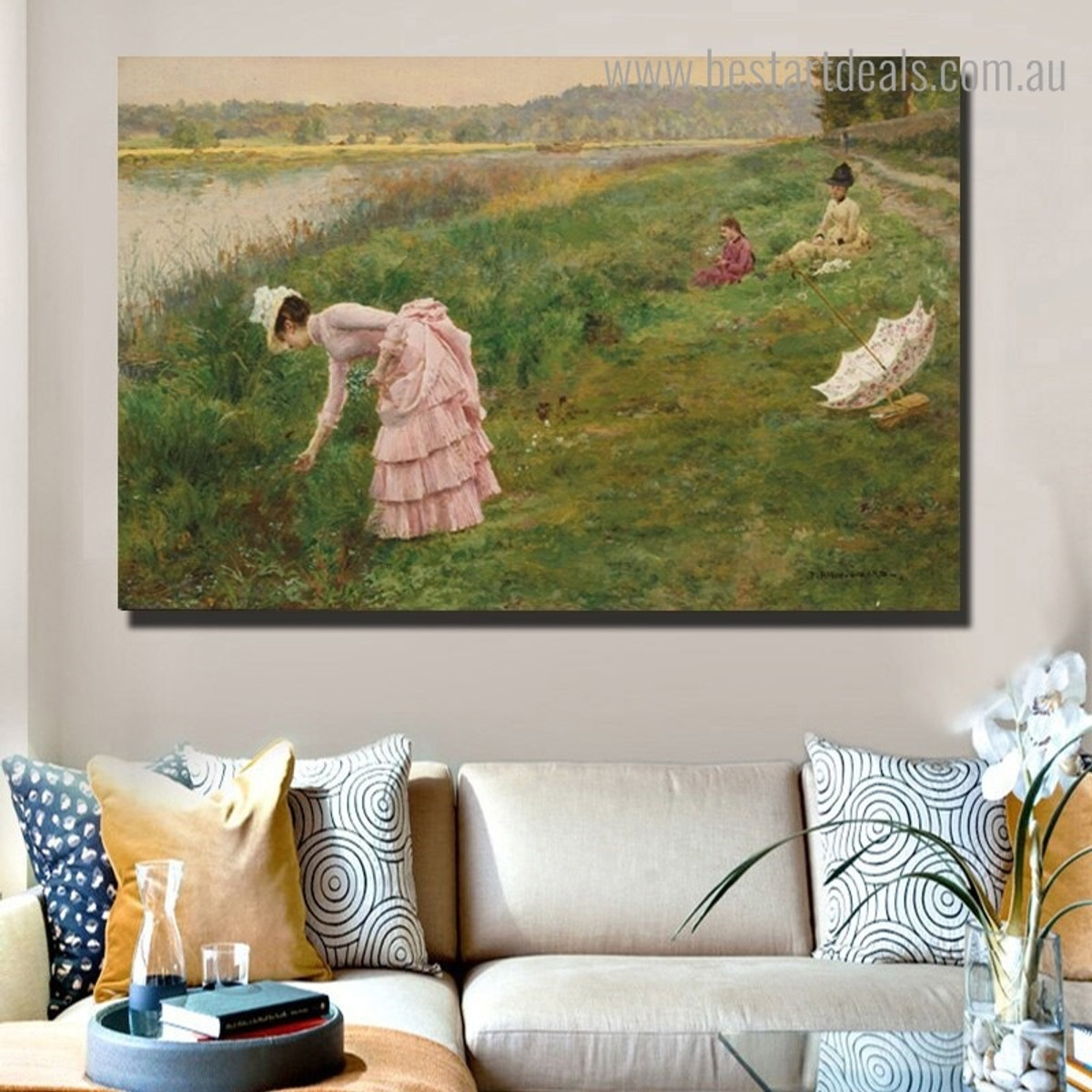 Picking Wildflowers Firmin Girard Reproduction Framed Artwork Picture Canvas Print for Room Wall Onlay