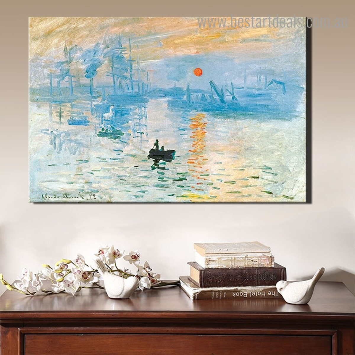 Sunrise I Monet Landscape Reproduction Framed Portraiture Portrait Canvas Print for Room Wall Decor