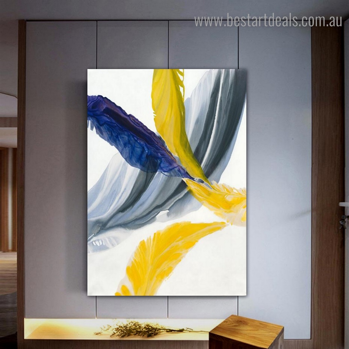 Yellow Blue Feathers Abstract Modern Framed Painting Photo Canvas Print for Room Wall Decor