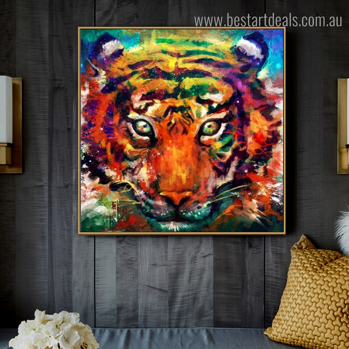 Motley Tiger Animal Watercolor Framed Painting Image Canvas Print for Room Wall Adornment