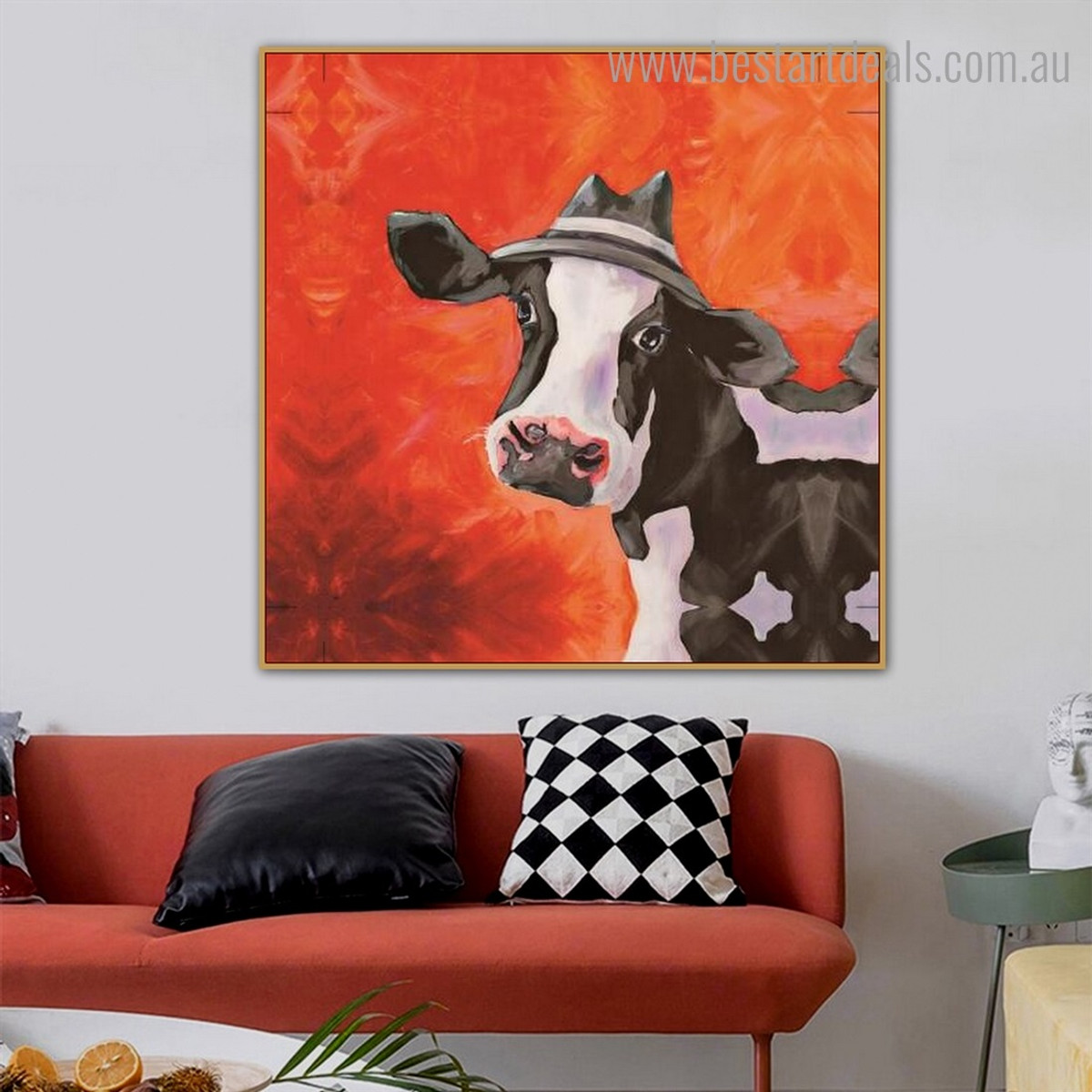 Cow Hat Animal Watercolor Framed Painting Portrait Canvas Print for Room Wall Decoration