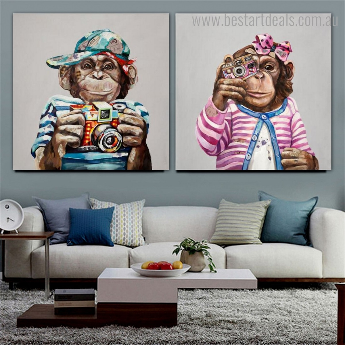 Two Rhesus Macaque Animal Watercolor Framed Artwork Pic Canvas Print for Room Wall Decoration