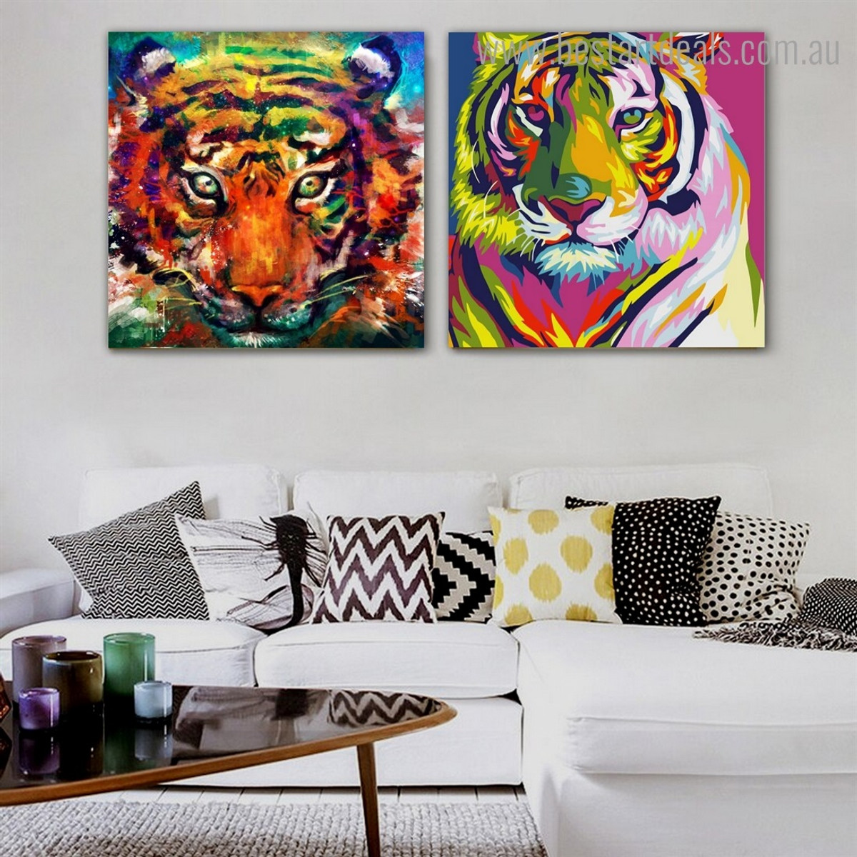 Colorific Tigers Animal Watercolor Framed Painting Picture Canvas Print for Room Wall Onlay