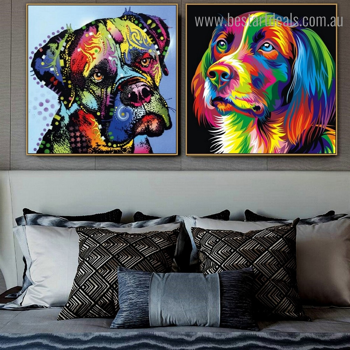 Boxer and Beagle Dog Animal Watercolor Framed Painting Picture Canvas Print for Room Wall Getup