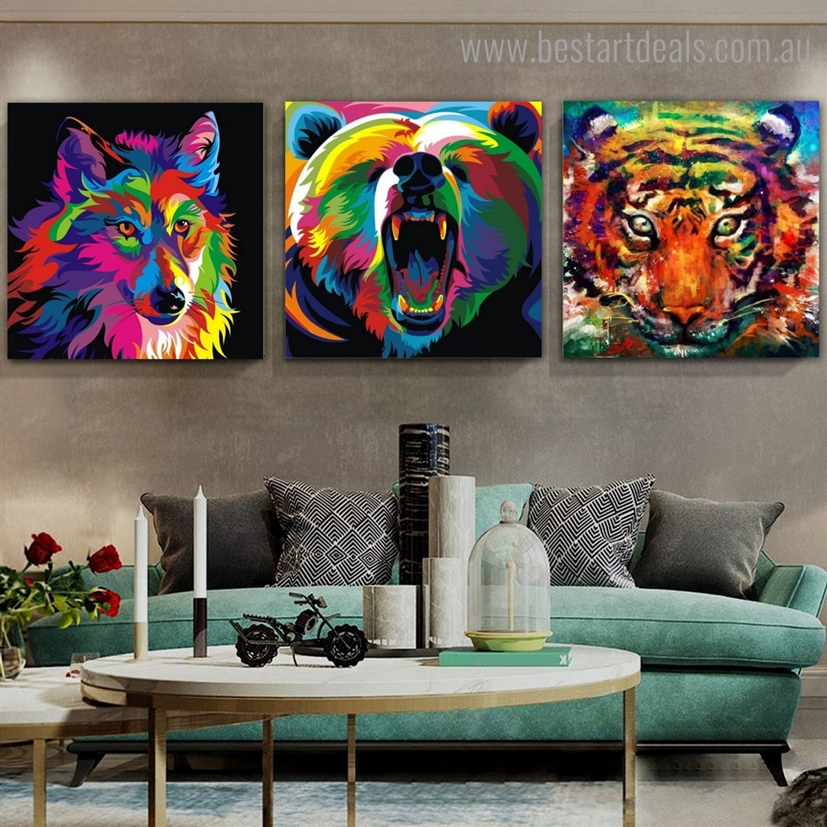Tiger Wolf Bear Animal Watercolor Framed Painting Photo Canvas Print for Room Wall Onlay