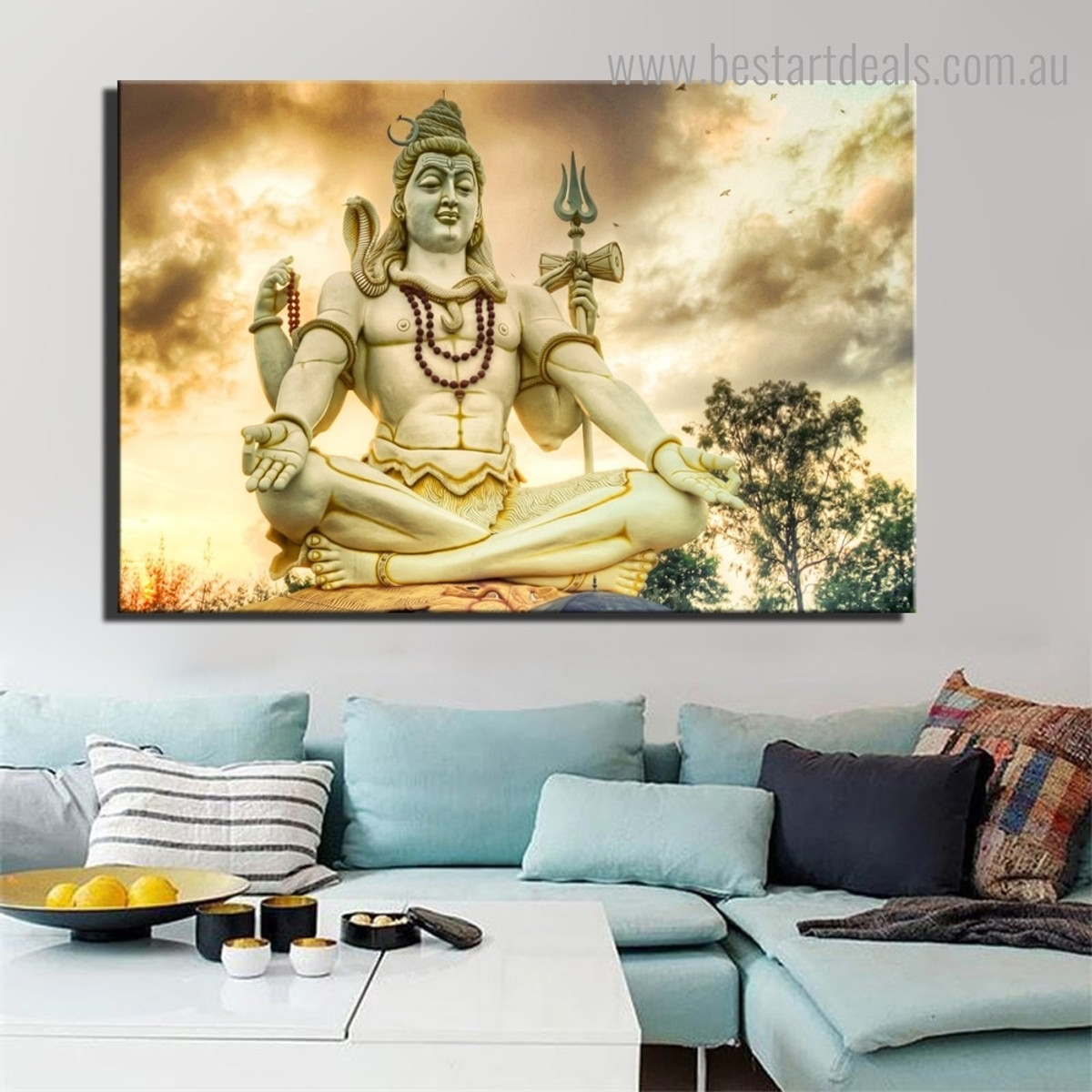 Shiva Sculpture Religious Landscape Modern Framed Effigy Image Canvas Print for Room Wall Disposition