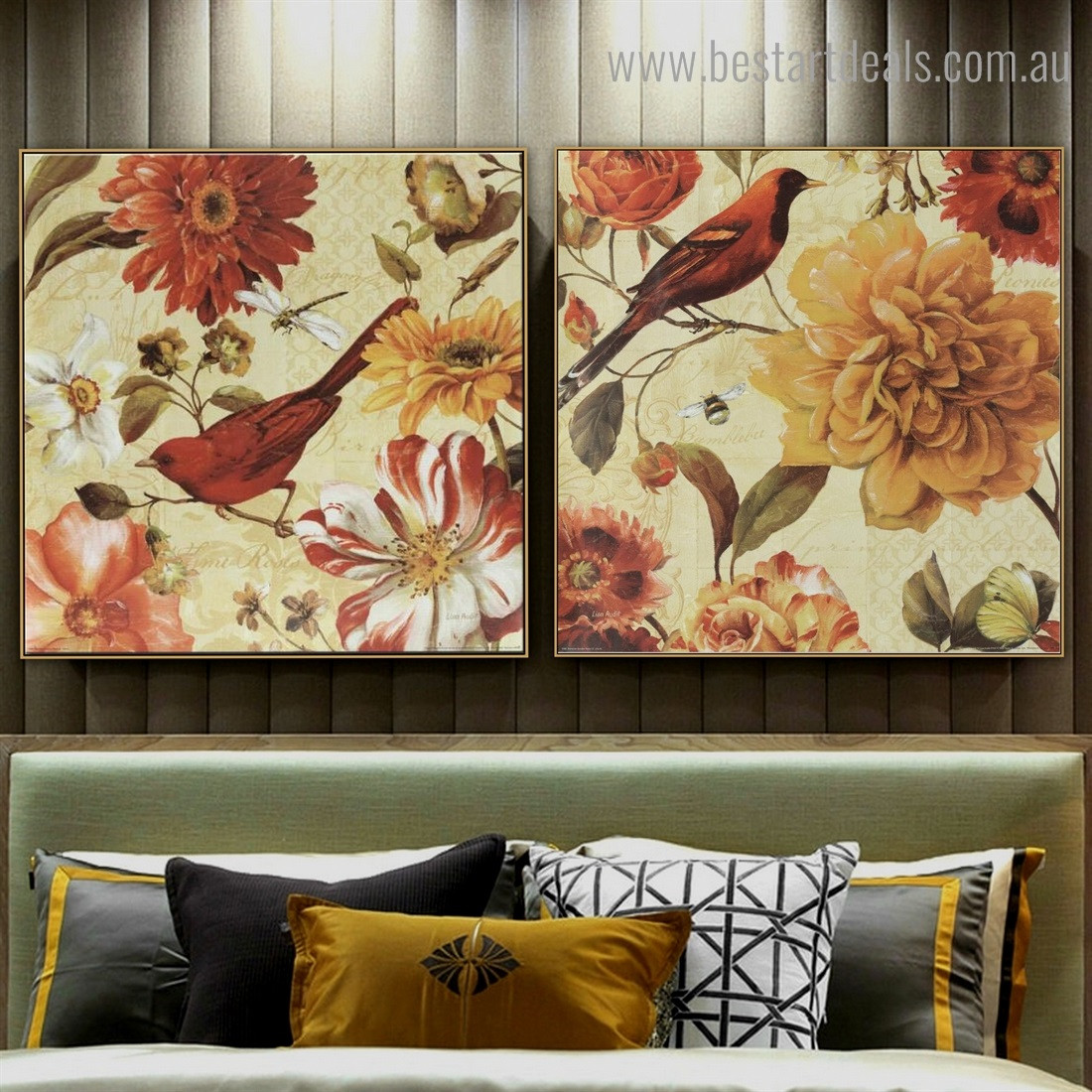 Colorful Floral Botanical Bird Vintage Framed Painting Pic Canvas Print for Room Wall Decor 