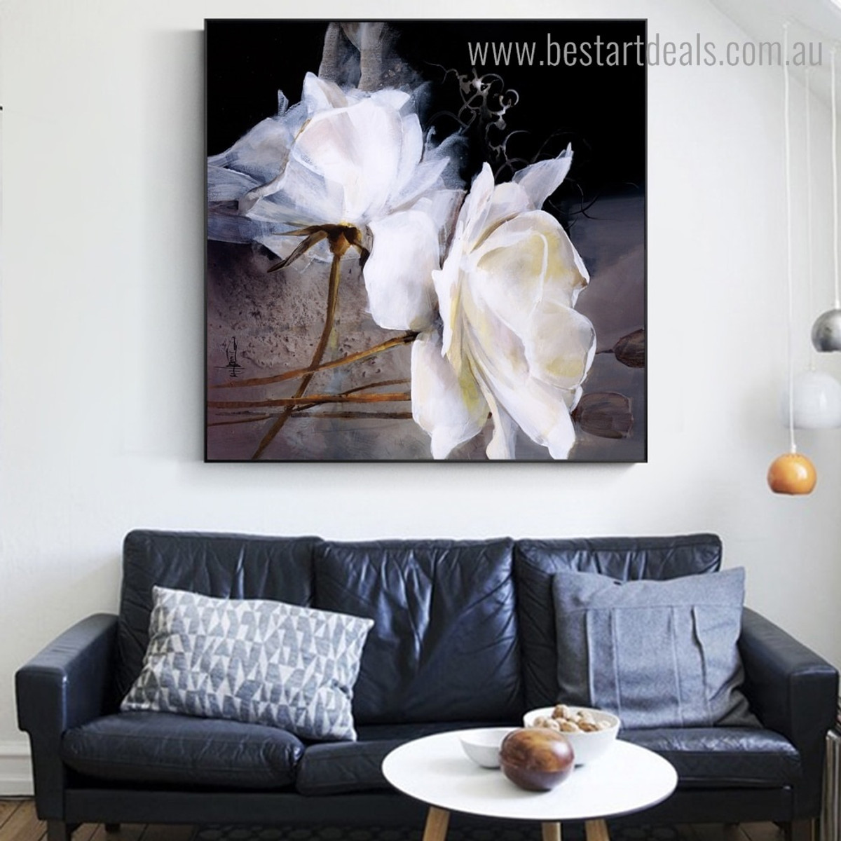 White Rosebush Abstract Floral Modern Framed Painting Picture Canvas Print for Room Wall Decor