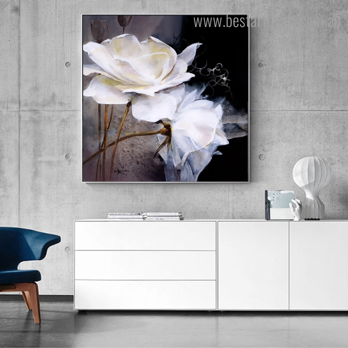 White Roses Abstract Floral Modern Framed Painting Image Canvas Print for Room Wall Finery