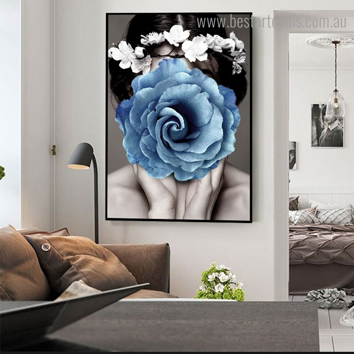 Blue Rose Girl Abstract Modern Framed Painting Image Canvas Print for Room Wall Adornment