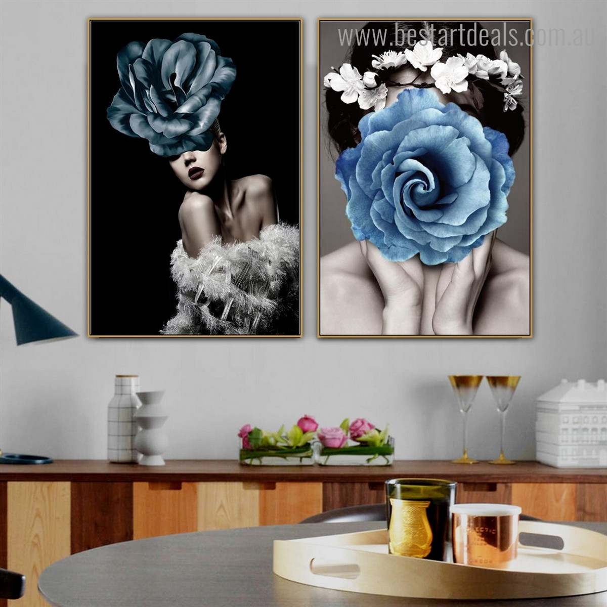 Blue Rose Faces Abstract Modern Framed Artwork Portrait Canvas Print for Room Wall Decoration