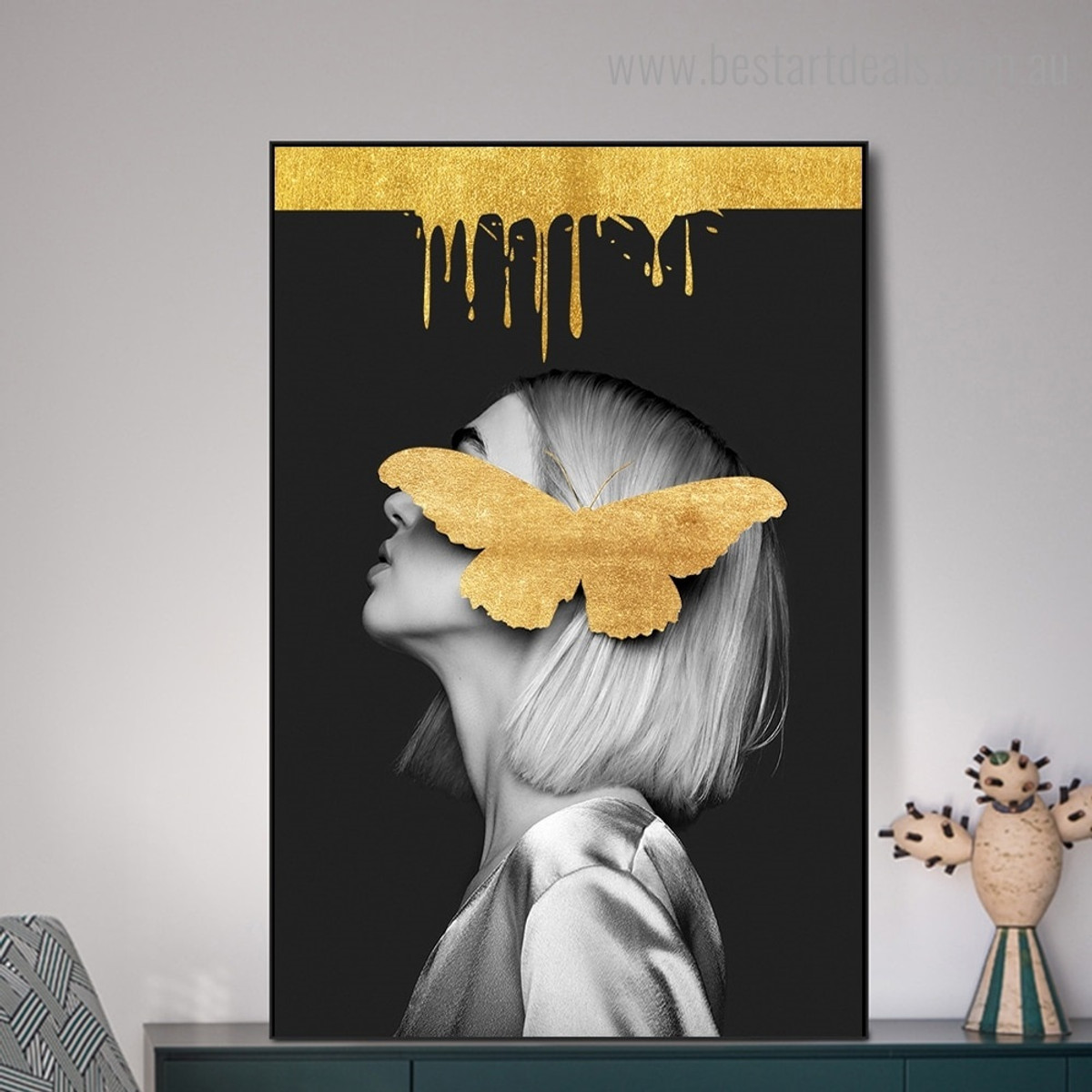 Girl Golden Butterfly Abstract Animal Nordic Framed Artwork Picture Canvas Print for Room Wall Ornament