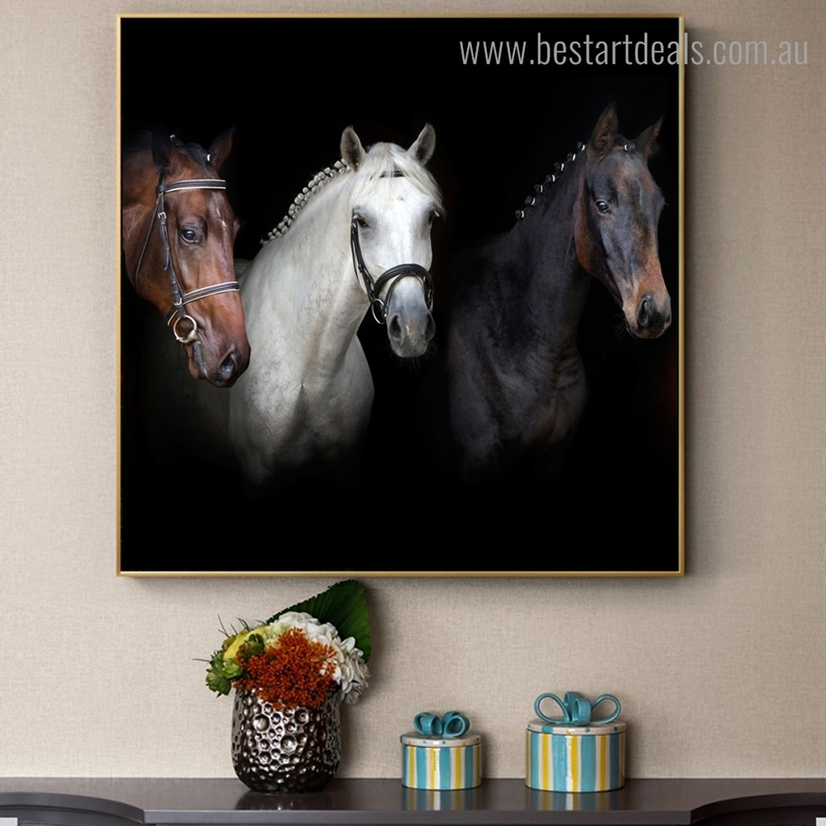 Three Horse Animal Modern Framed Painting Portrait Canvas Print for Room Wall Onlay