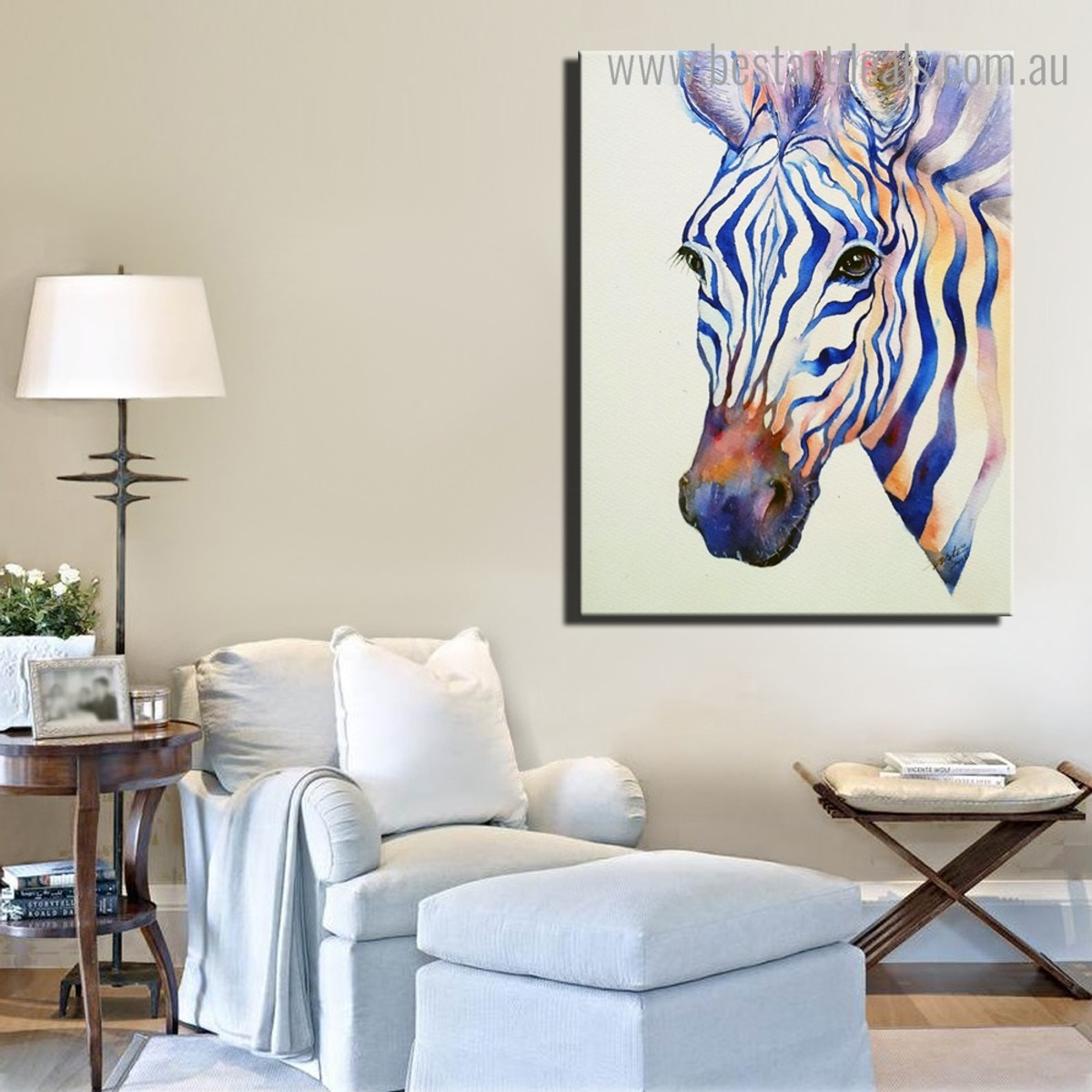 Blue Zebra Animal Watercolor Framed Painting Image Canvas Print for Room Wall Ornament