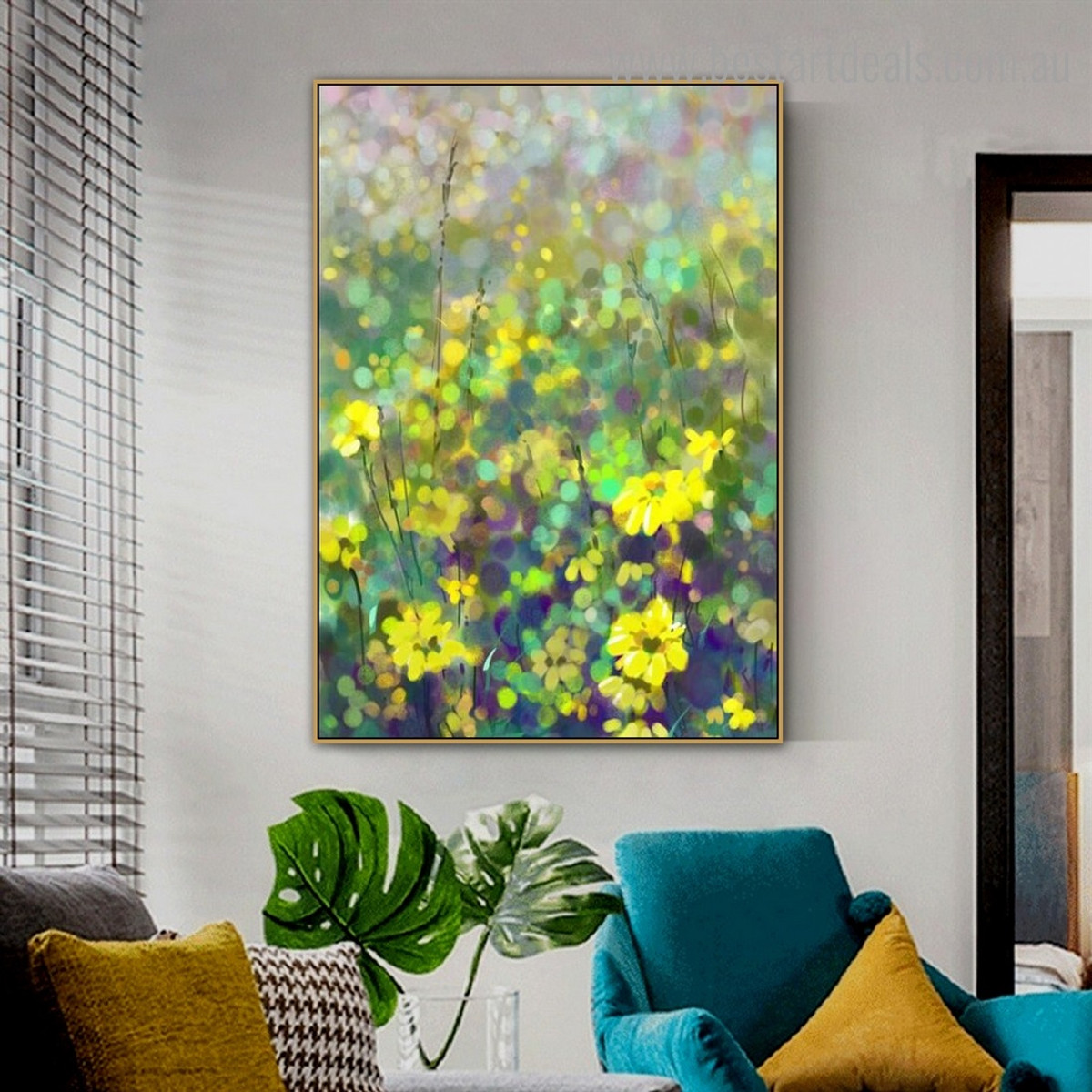 Yellow Floral Garden Abstract Botanical Framed Painting Pic Canvas Print for Room Wall Adornment