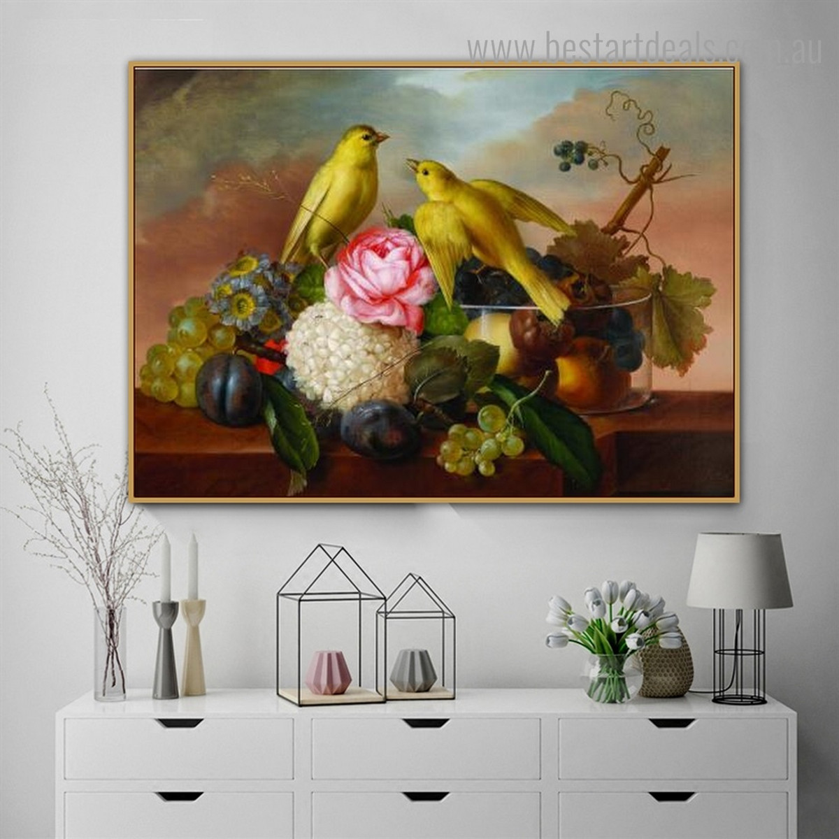 Still Life with Fruit Bird Framed Painting Photo Canvas Print for Room Wall Garnish