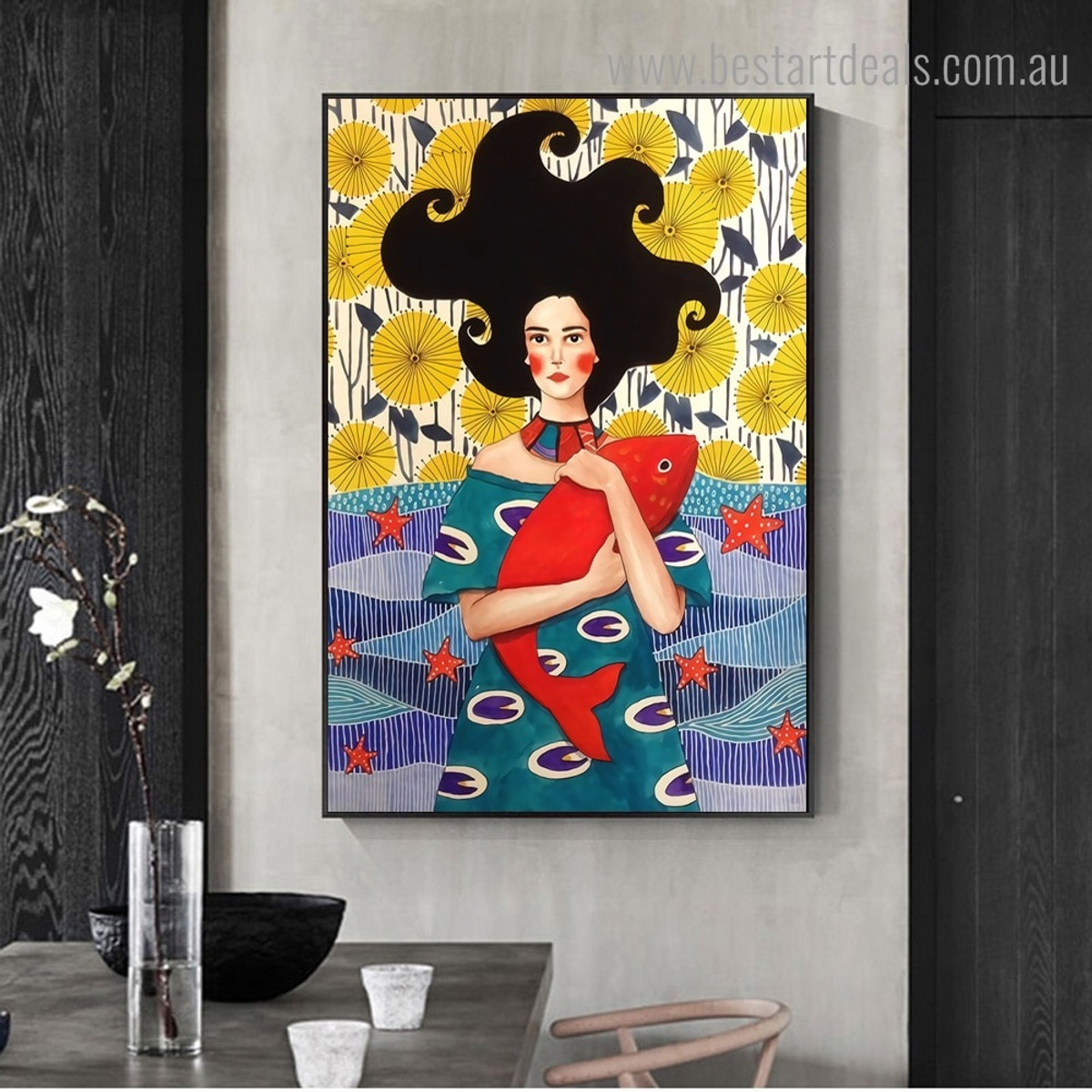 Girl Fish Figure Nordic Framed Painting Image Canvas Print for Room Wall Finery