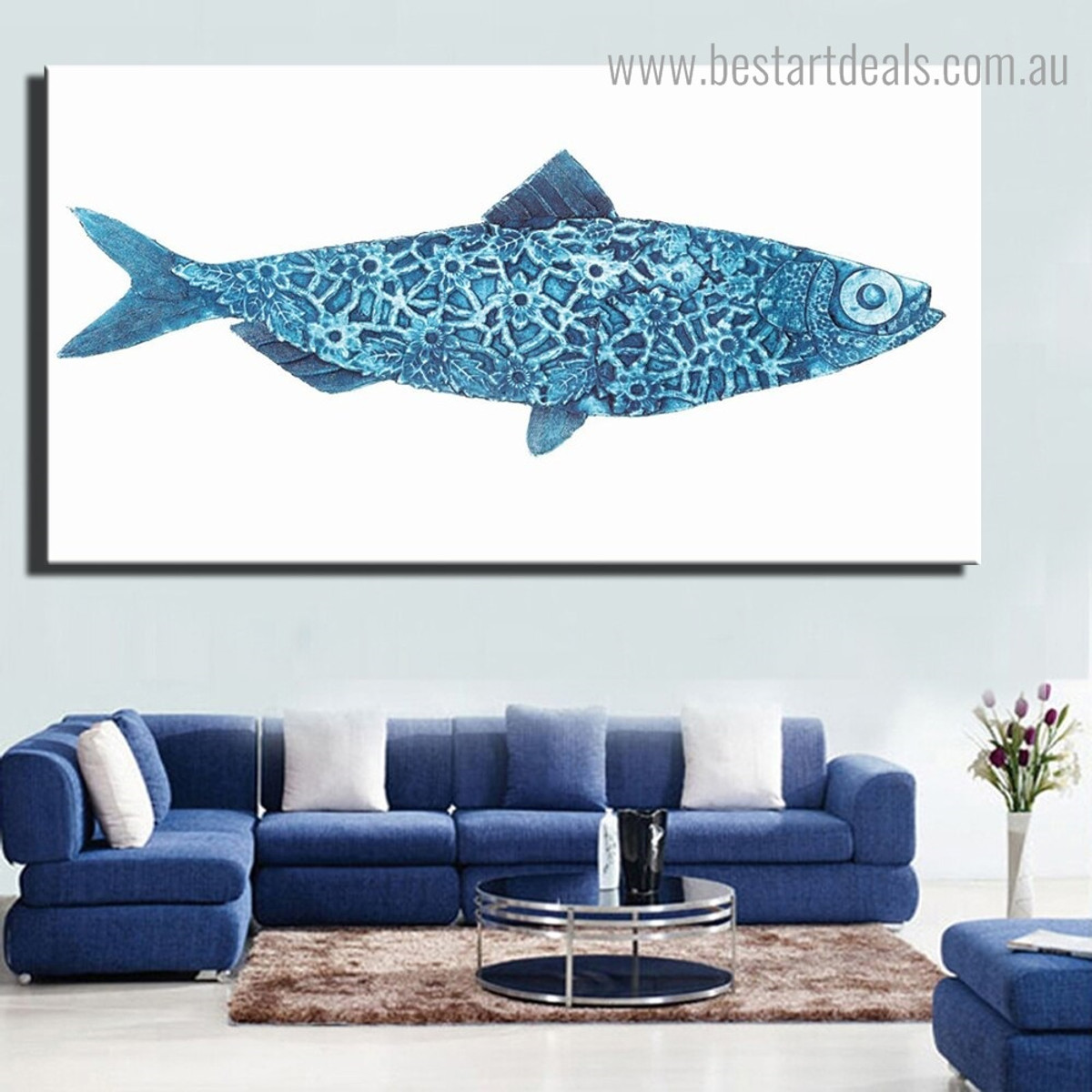 Blue Fish Modern Framed Artwork Photo Canvas Print for Room Wall Drape