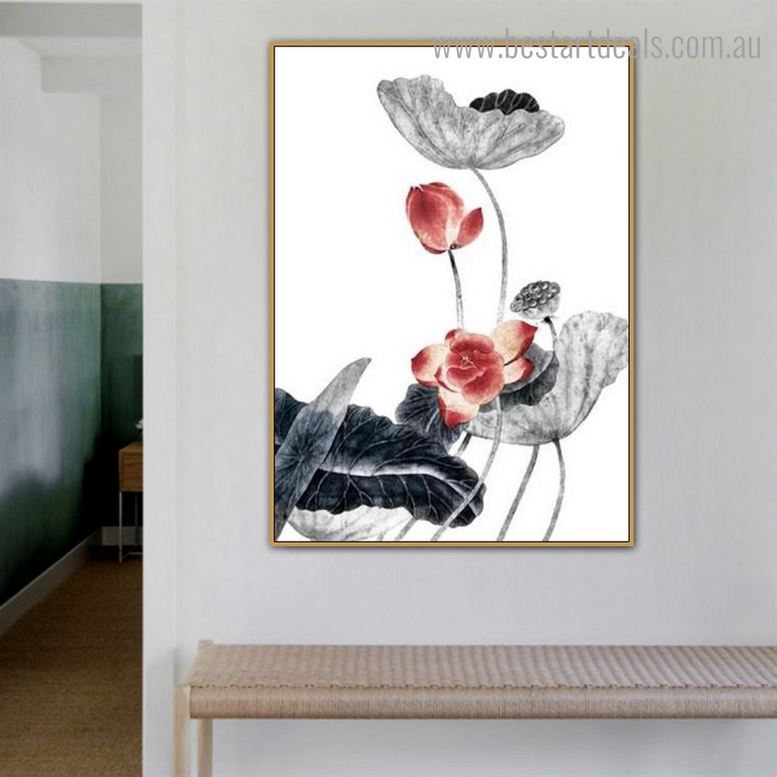 Lotus with Leafage Botanical Framed Portraiture Image Canvas Print for Room Wall Decor