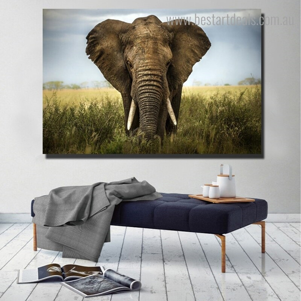 Feral Elephant Animal Modern Framed Smudge Picture Canvas Print for Room Wall Decor