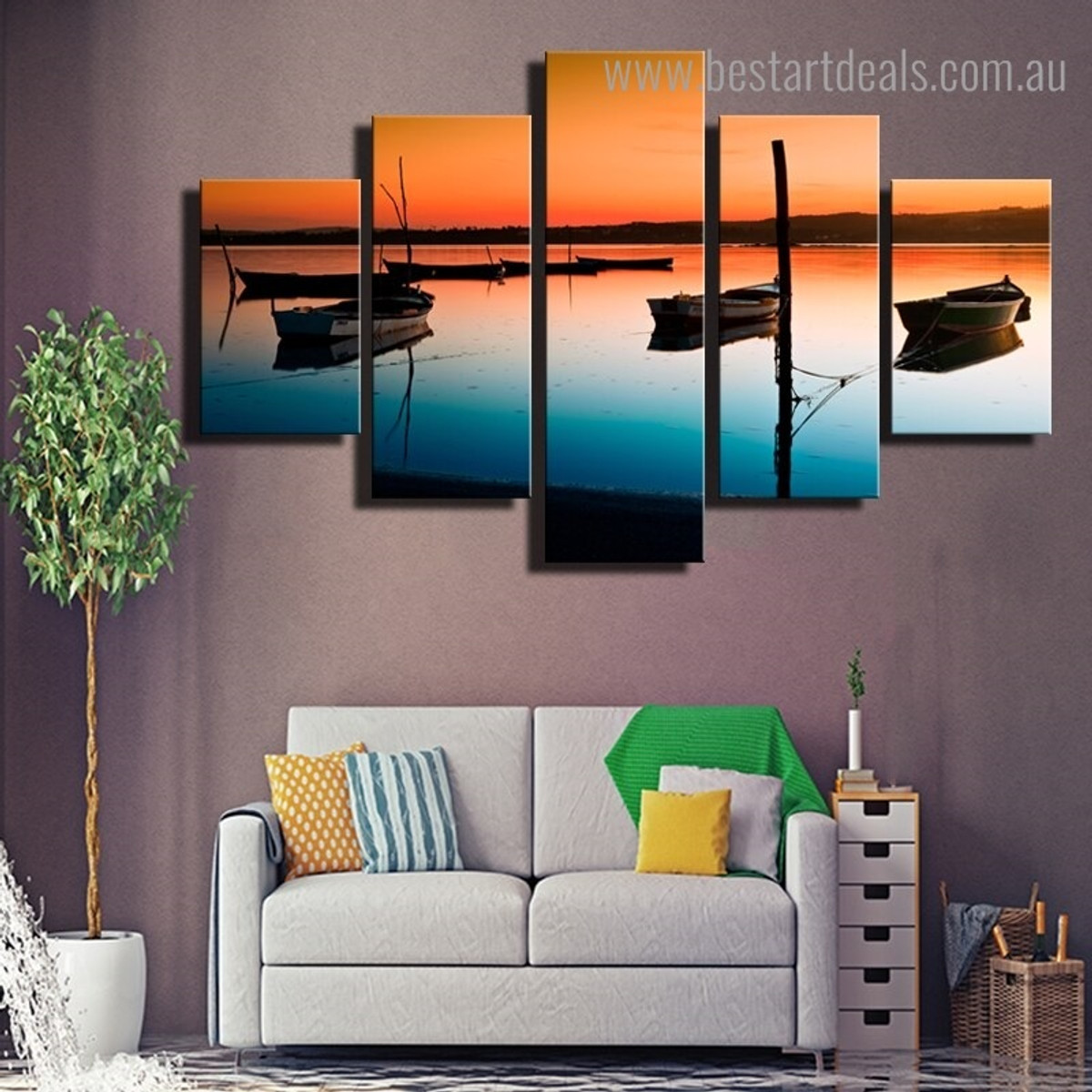 River Boats Landscape Nature Framed Effigy Photo Canvas Print for Room Wall Decor